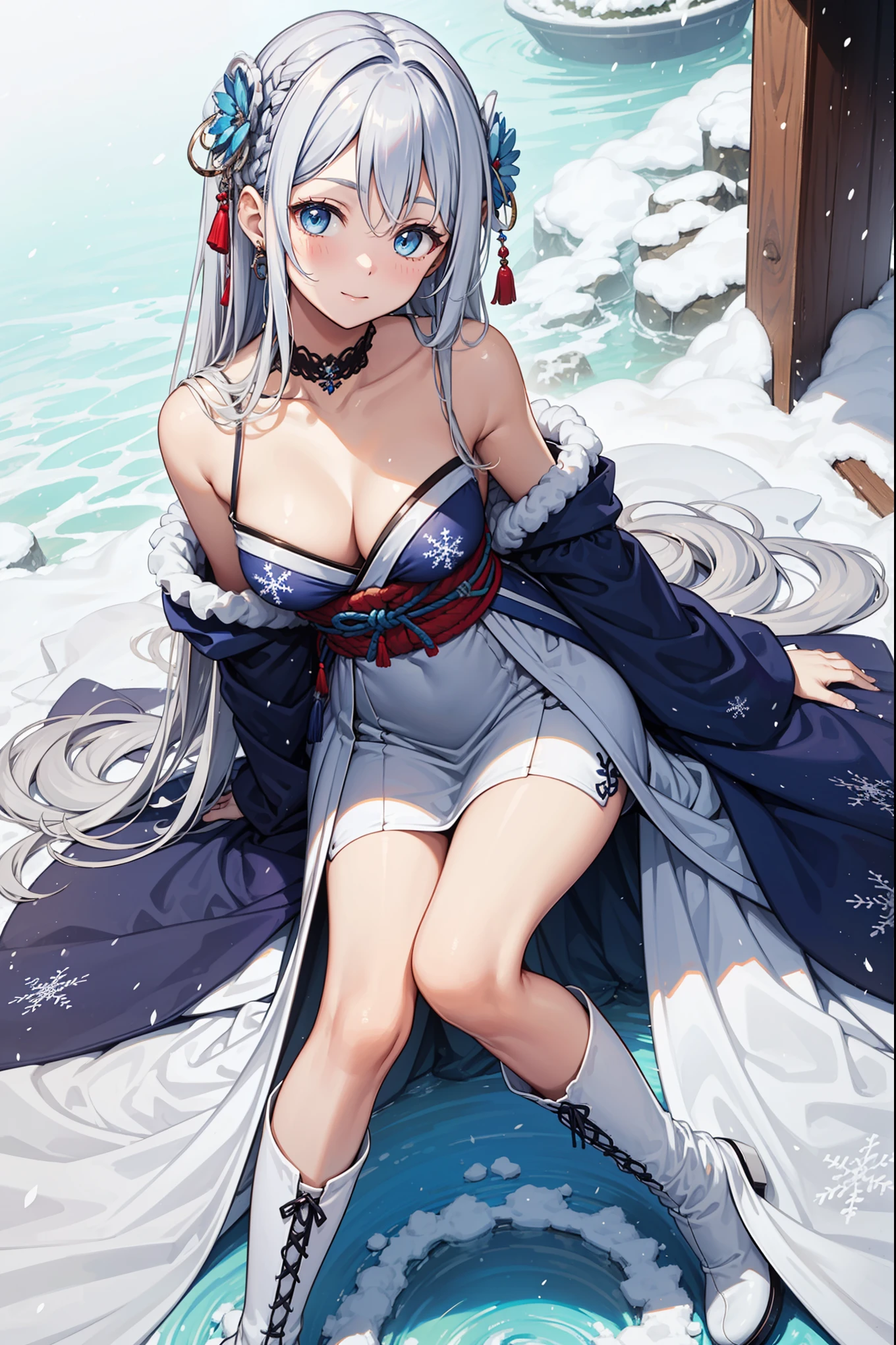 (highres), (absurdres), (best quality), (high quality), (masterpiece), 1girl, shenhe \(genshin impact\), long hair, silver hair, large breasts, arms behind back, (playboy bunny), leotard, black thighhighs, rabbit ears, hair over one eye, single braid, rainbow eyes, underboob, jewelry, looking at viewer, hair ornament, tassel earrings, fantasy, outdoors, storm, snow, snowing, ice,