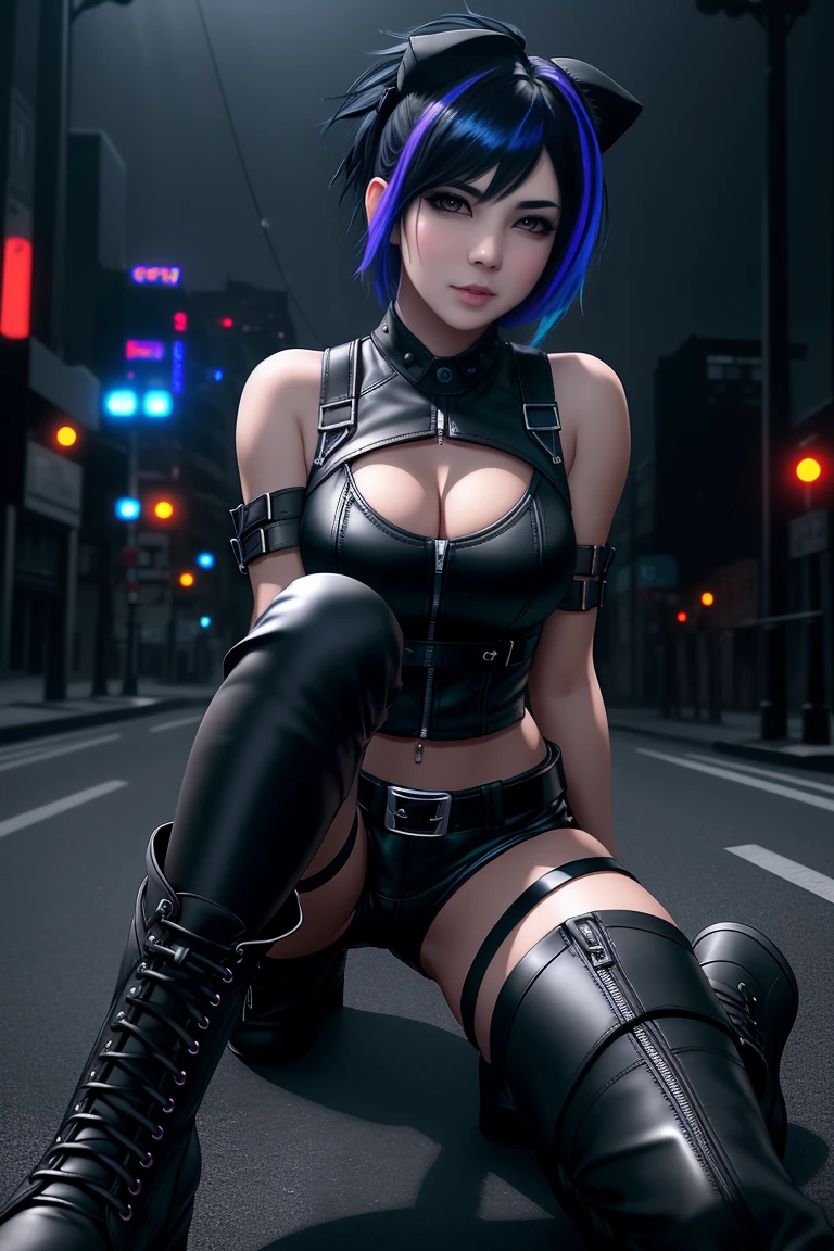 beautiful girl, full body, short bright blue neon streaked dishevelled hair, short hair, ((large light realistic detailed eyes:1.3)), ((seductive pose:0.5)), black eyeshadow, (street style wear:1.2), ((tight fitted short pants)), ((thigh high leather boots:1.3)), (dark city night black background:1.4), dark makeup, digital art, trending on artstation, highly detailed, fine detail, intricate, beautiful detailed glow, detailed, Cinematic light, high-res, detailed facial features, sharp focus, smooth, aesthetic,