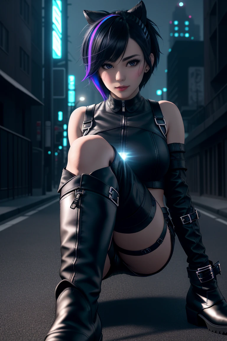 beautiful girl, full body, short bright blue neon streaked dishevelled hair, short hair, ((large light realistic detailed eyes:1.3)), ((seductive pose:0.5)), black eyeshadow, (street style wear:1.2), ((tight fitted short pants)), ((thigh high leather boots:1.3)), (dark city night black background:1.4), dark makeup, digital art, trending on artstation, highly detailed, fine detail, intricate, beautiful detailed glow, detailed, Cinematic light, high-res, detailed facial features, sharp focus, smooth, aesthetic,