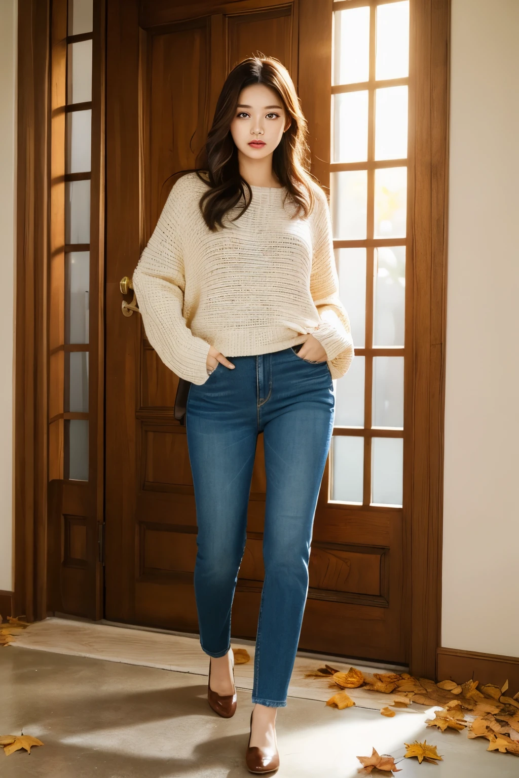 ((Realistic, High definition: 1.3)), One figure standing near an open door: 1.1, Casual attire: 1.2, Hands resting on the door frame: 1.2, Detailed facial expression: 1.4, Curious gaze: 1.2, Jeans and a sweater: 1.1, Expectant look, Leather shoes: 1.1, Sunlight pouring in from behind: 1.5, Autumn leaves scattered on the ground: 1.2, Inviting atmosphere.