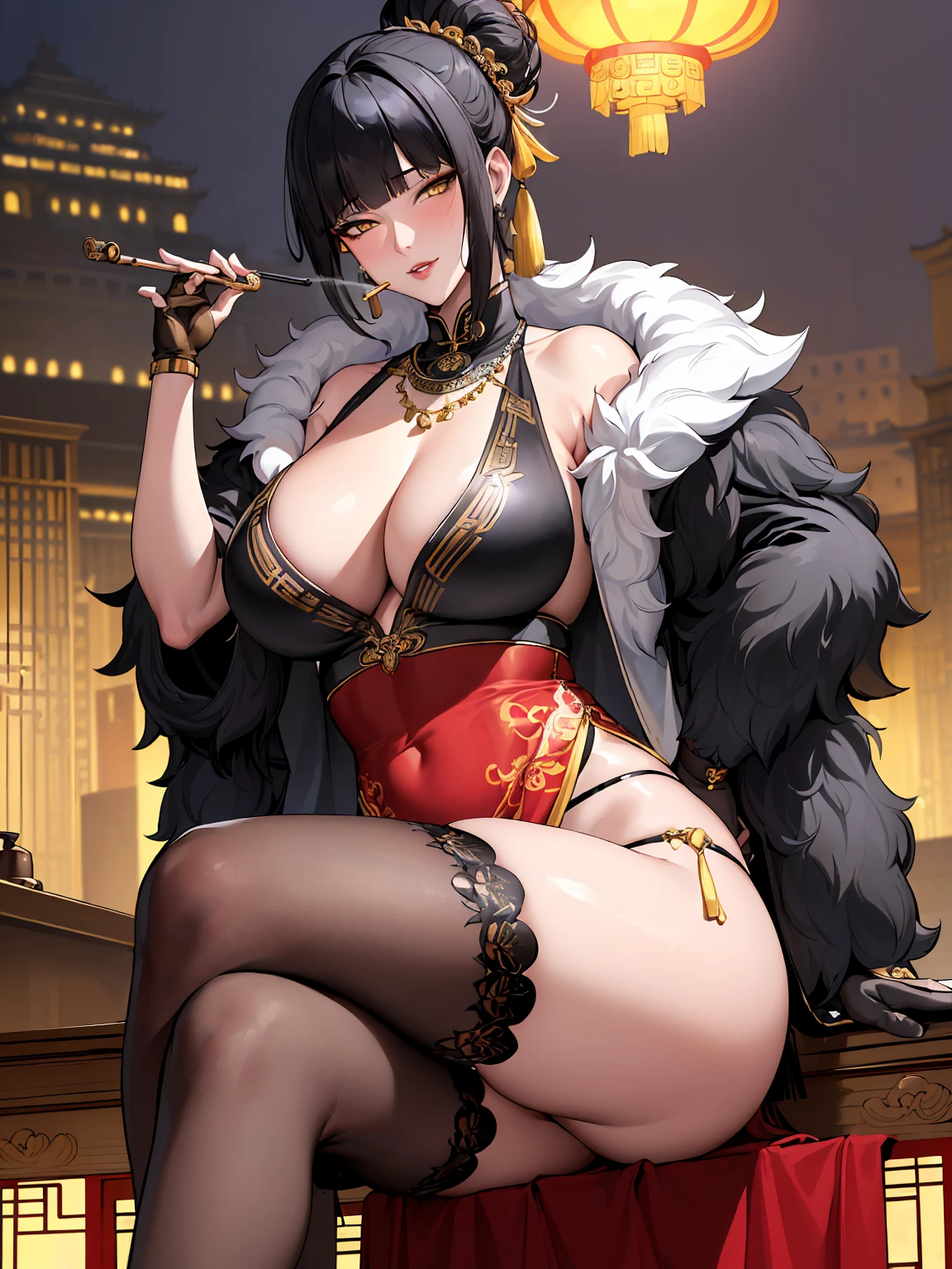 (((absurdres))), (((masterpiece))), (((best quality))), ((ultra-detailed)), ultra high quality, realistic, (real picture, intricate details, depth of field), (1girl, solo), make up, parted lips, highly-detailed, perfect face, (((mature woman, milf))), (large breasts, thick thighs, wide hips, attractive waist), (skindentation), tall, glossy lips, ((toned abdomen)), sexy, blushing, (black hair, blunt bangs, hair bun), necklace, earrings, (beautiful yellow eyes)), ((qipao, pelvic curtain, cleavage, fur jacket, sleeveless, stockings, gloves)), ((jewellery, necklace, hair ornaments, hair accessories, earrings, bracelets)), alluring smile, (((night, chinese city))), ((erotic pose, sitting down, legs crossed)), ((smoking pipe, holding_smoking_pipe))