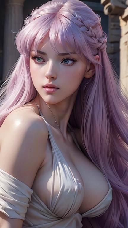 Masterpiece, a beautiful 18 years old hot girl with lilac hair, long wavy strawberry lilac hair, bangs over the forehead, eyes light grey-blue, (wearing an sexy ancient greek doric tunic, wearing a Strophion, wearing a Peplos, slender hot body, natural tits, hot hips, hot long legs,  1girl, purity, pale skin pores texture, ultra high quality, 4k, anime cinematic, ultra quality, natural lighting, depth of field, realistic anime, wrinkled skin, pale skin, sharp, anatomically and proportional full body shot, looking sensually at viewer, noble, chapped lips, soft natural lighting