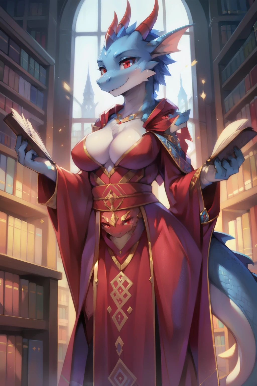 masterpiece,1girl, solo, female, anthropomorphic, dragon, Dragonborn, blue Dragonborn, blue scales, wizard robes, red eyes, red robes, sexy clothes, library,