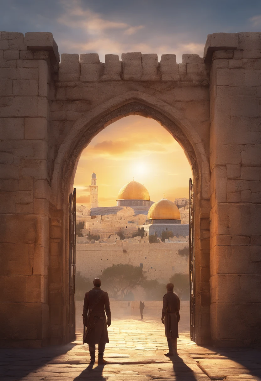 Create an image of a human being facing the city gates of Jerusalem / Israel antiga. Realista 8k, Com por do Sol. Com cores vibrantes.