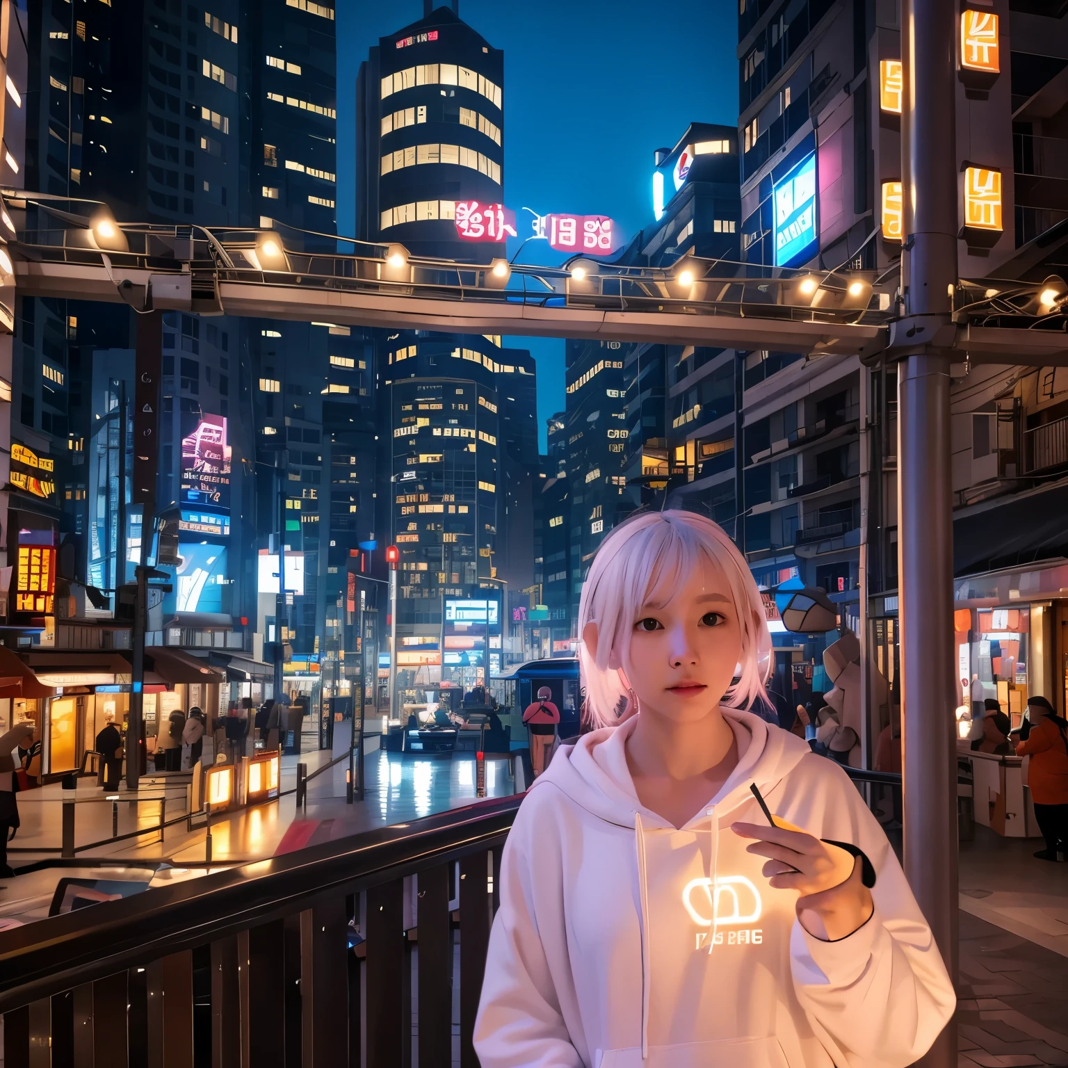 ultra-detailed, master piece, Realistic, professional lighting, upper shot, young robotic girl touching display, wearing white hoodie, white hair, facial profile, rainbow light headphone, night sity, in front of the seaside railing, girl is in front of pictures, leaning her back against a vertical pole