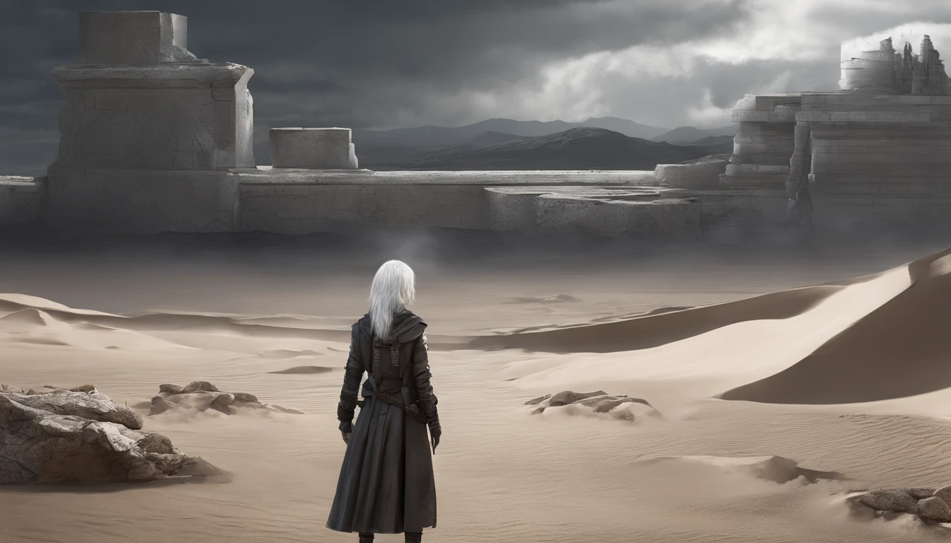 Stone inscription in English,ÆRÖÖP Your favorite public,Asian girl dancing nearby,with white hair,Desert,behind the storm,dim light of the sun,high quality, ultra realism,ultra detail,4 d