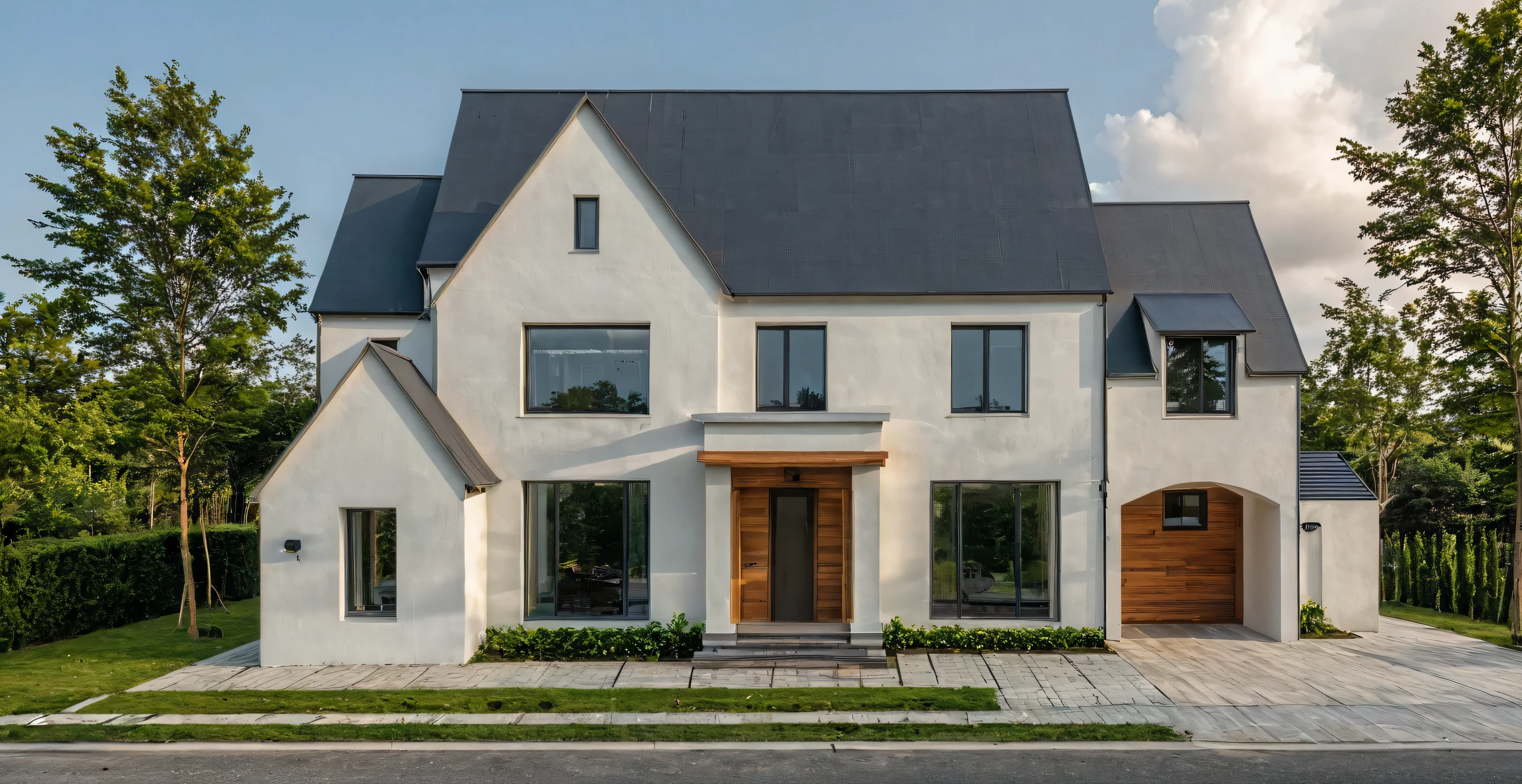 Masterpiece, high quality, best quality, authentic, super detail, outdoors, onestoreyvillaXL, aiaigroup, house style modern on the street ,stairs, white wall ,road,pavement, grass, trees, sky, cloud, (daylight:1.1)
