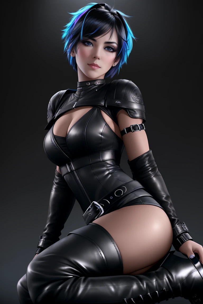 beautiful girl, full body, short bright blue neon streaked dishevelled hair, short hair, ((large light realistic detailed eyes:1.3)), ((seductive pose:0.5)), black eyeshadow, (street style wear:1.2), ((tight fitted short pants)), ((thigh high leather boots:1.3)), (dark city night black background:1.4), dark makeup, digital art, trending on artstation, highly detailed, fine detail, intricate, beautiful detailed glow, detailed, Cinematic light, high-res, detailed facial features, sharp focus, smooth, aesthetic, black background