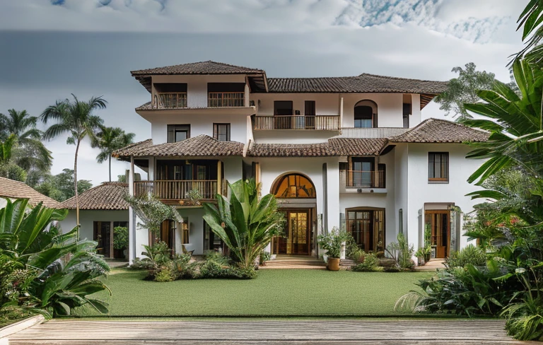 photography, tropical villa, white stucco walls, gable tiled roof, wood column supports, upper level balcony, lush greenery, potted plants, open veranda, overcast sky, wide shot, natural daylight   