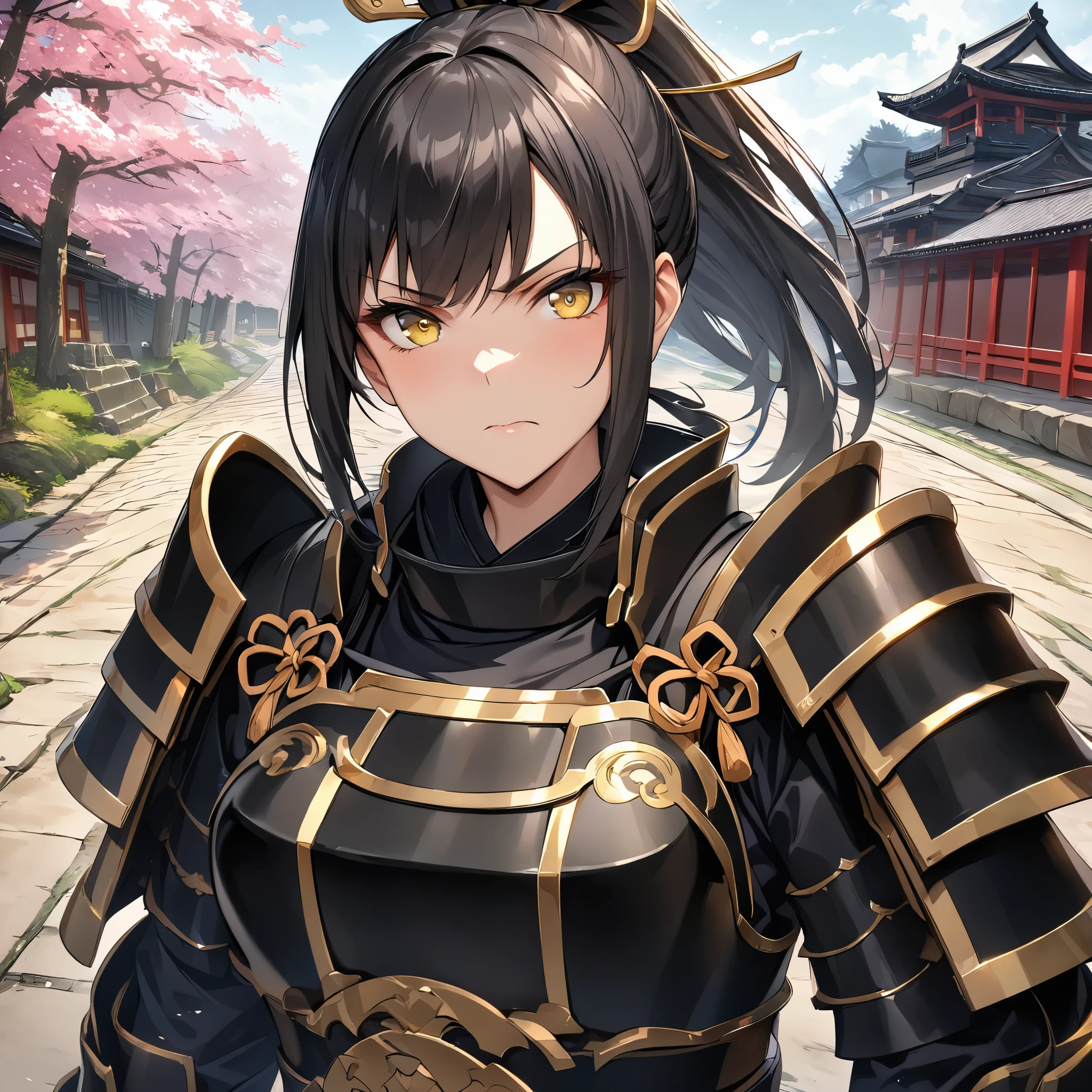 A woman wearing black heavy samurai armor with gold details, black hair, ponytail hair, yellow eyes, serious face, on an ancient Japanese road, Japanese palace in the background with sakura trees around, HDR, ultra resolution, very detailed, masterpiece, ultra quality, 4K HD. (solo, just one woman)