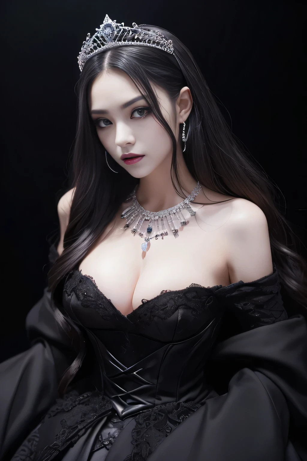 highest quality、masterpiece、8K、Award-winning work、hyper realism、Vampire Princess、Scary Vampire Princess、Natural forehead、spooky、(((scary 1.5)))white skin、evil makeup、(((Full body photo 1.5)))、Photographing faces with beautiful composition、the most detailed and beautiful face、a merciless look、look at me、long eyelashes、Spooky makeup、black lips、eye shadow、Shiny black lips、Finest super high detail skin、The most detailed eyes、(The most luxurious and highest quality giant tiara、The most luxurious and highest quality giant necklace、The most luxurious giant ruby、The most luxurious jewelry decoration、black most luxurious finest princess dress)、cleavage、(((Pitch black background 1.5)))、dark、Beautiful long wavy hair、Matte photo((Ceiling light 1.5))