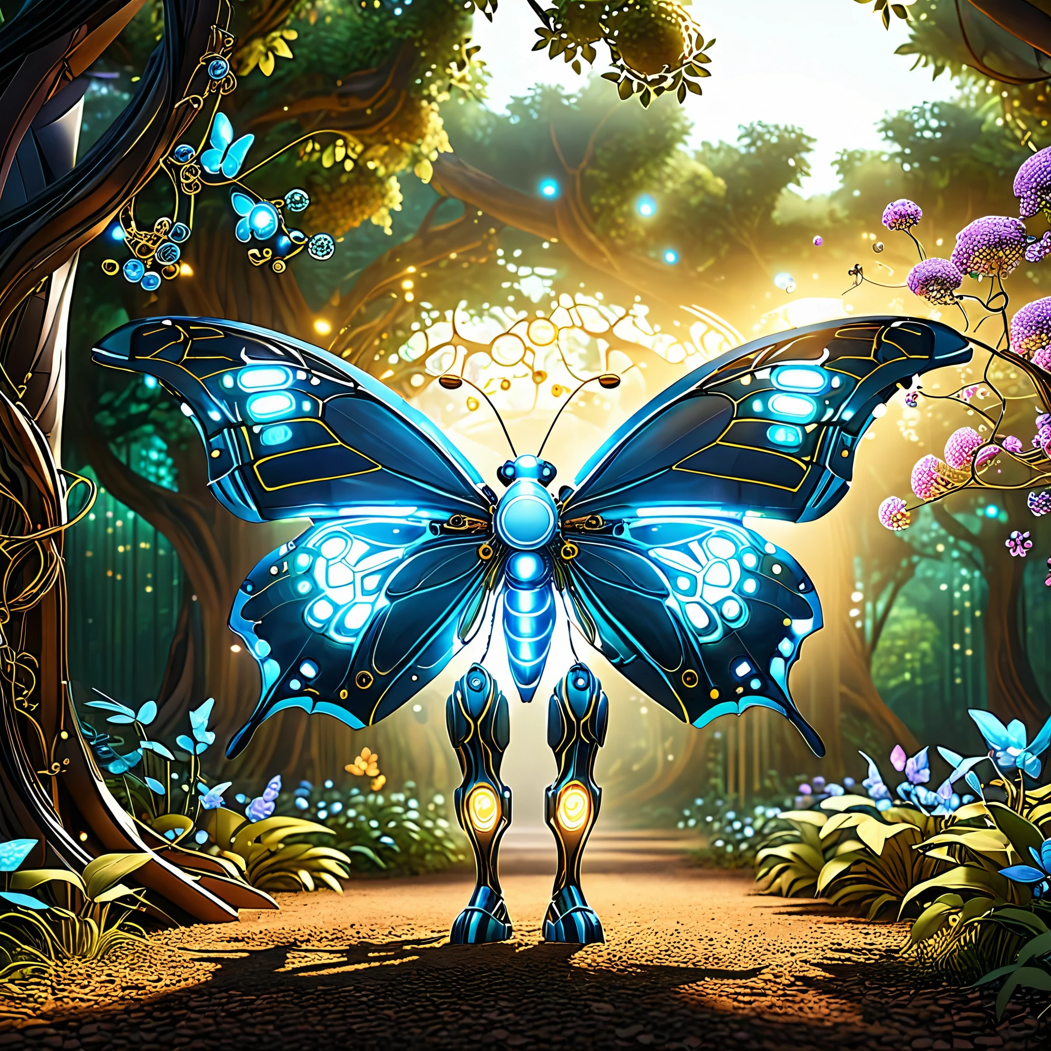 Embark on a visual odyssey through "Pixel Eden," where artificial intelligence dances with organic marvels. In this vibrant landscape, robotic butterflies flutter gracefully, their metallic wings shimmering with ethereal light as they pollinate pixelated flowers bursting with color. Quirky talking trees stand sentinel, their branches adorned with glowing orbs of digital wisdom. Rendered in a blend of cybernetic artistry and organic charm, "Pixel Eden" invites viewers to immerse themselves in a whimsical fusion of technology and nature, where imagination knows no bounds.