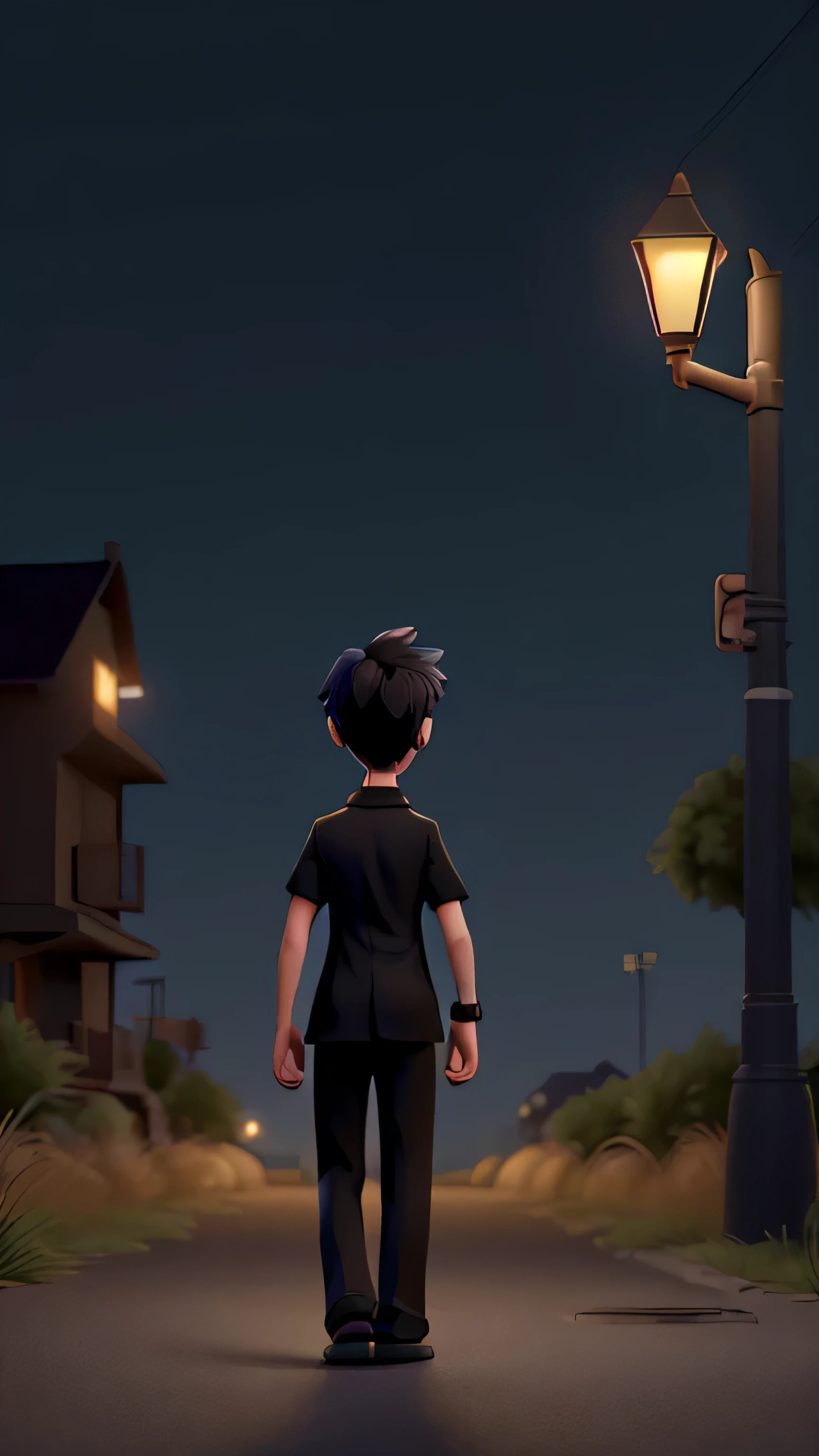 from a distance, at night, the surroundings are dark, dressed all in black, a boy walks away, view from behind, his limp body is only illuminated by the street lamp above his head.