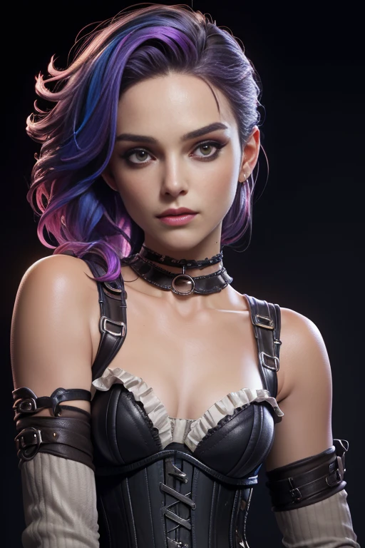 photo of celebrity, RAW, beautiful woman, ((portrait)), ((detailed face, colorful rainbow hair:1.2)), ((detailed facial feature, detailed skin, clear skin, parted lips), (perfect proportioned body, medium breasts, side boob), (wearing choker, bounty hunter outfit, corset, bare shoulders, thigh high boots, pale skin, dark makeup: 1.5)), (high detailed pub, looking at viewer: 1.3), (realistic photo, best quality, detailed), (8k wallpaper), (cinematic lighting, dramatic lighting) (sharp focus, intricate), solid black background