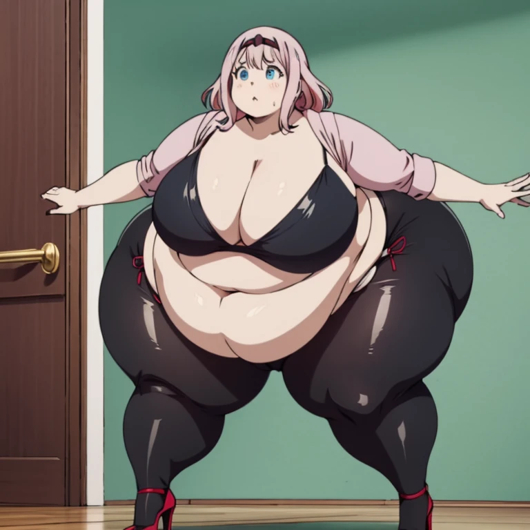 1girl, ((((bottom heavy figure)))), plump, incredibly plump, (((big belly))), pout, embarassed, wide, (((obese))), (((fat))), ((love handles)), double chin, out of shape, obese, fatty, (((flat chest))), tall woman, (milf), big height, mature, standing, full body, bbw, ssbbw, Fujiwara Chika, pink hair, blue eyes, red ribbon, black bikini, pantyhose, high heels