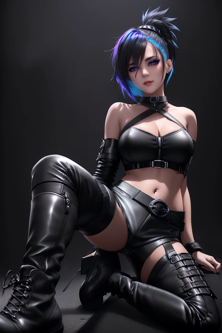 beautiful girl, full body, short bright blue neon streaked dishevelled hair, short hair, ((large light realistic detailed eyes:1.3)), ((seductive pose:0.5)), black eyeshadow, (street style wear:1.2), ((tight fitted short pants)), ((thigh high leather boots:1.3)), (dark city night black background:1.4), dark makeup, digital art, trending on artstation, highly detailed, fine detail, intricate, beautiful detailed glow, detailed, Cinematic light, high-res, detailed facial features, sharp focus, smooth, aesthetic, solid black background