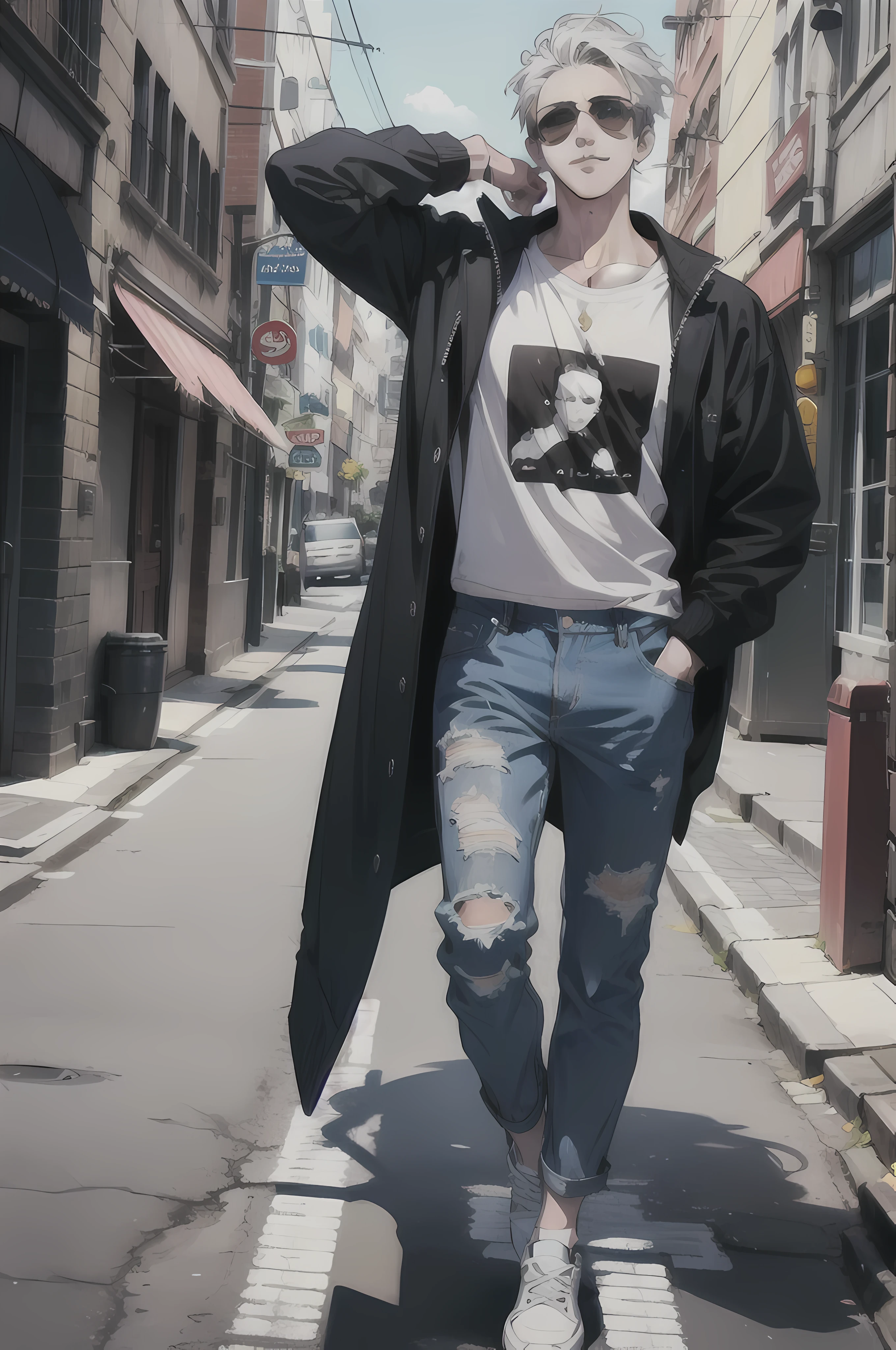 (absurdos, high resolution, ultra detallado), A 23-year-old man in a manhwa style, male, short white hair, badass, disheveled, tall, slender, broad chest and shoulders, handsome, smiling, sunglasses, wearing a white long-sleeved sweatshirt, ripped jeans, white sneakers, and striking a victory pose in a street.