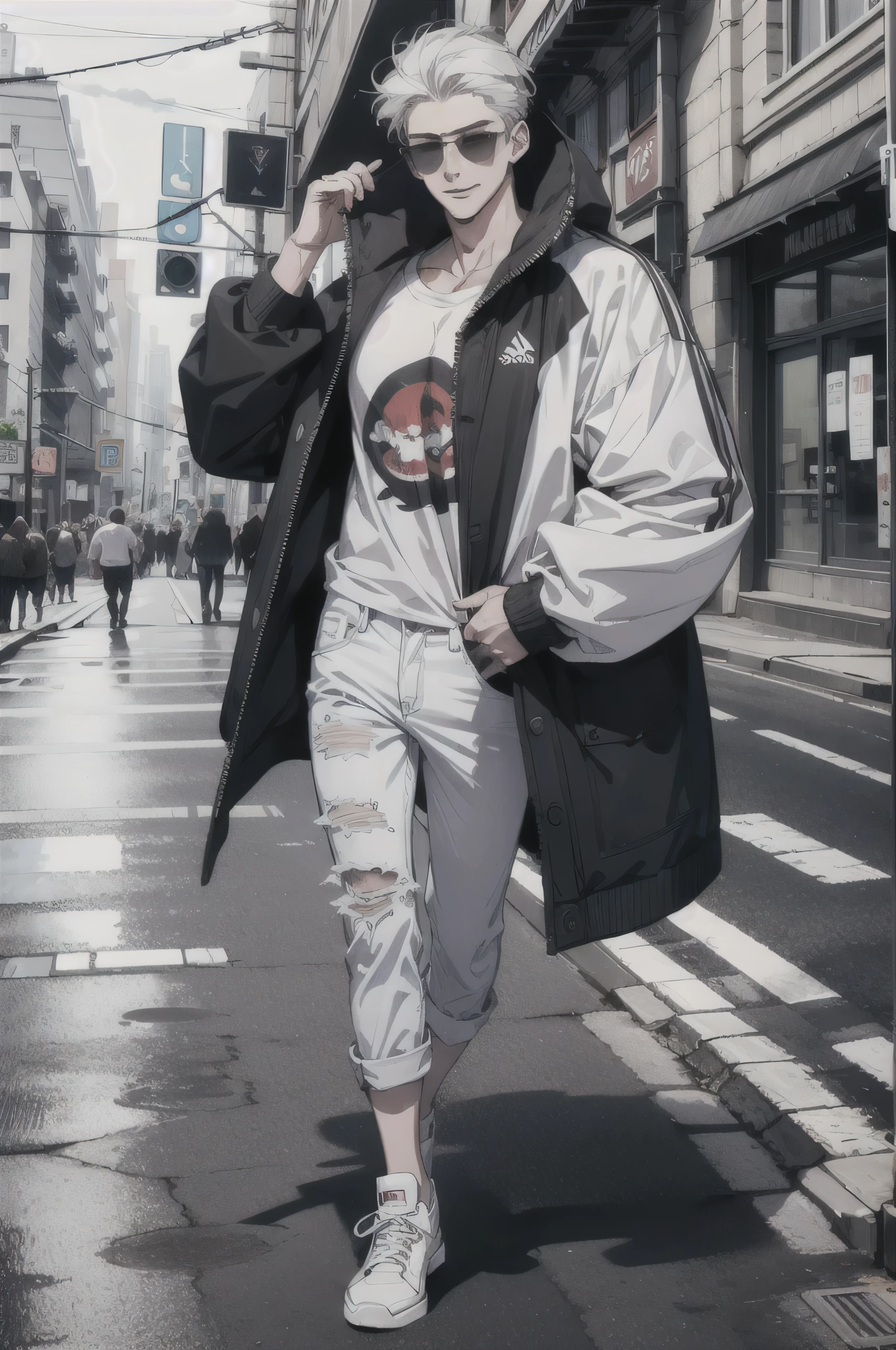 (absurdos, high resolution, ultra detallado), A 23-year-old man in a manhwa style, male, short white hair, badass, disheveled, tall, slender, broad chest and shoulders, handsome, smiling, sunglasses, wearing a white long-sleeved sweatshirt, ripped jeans, white sneakers, and striking a victory pose in a street.