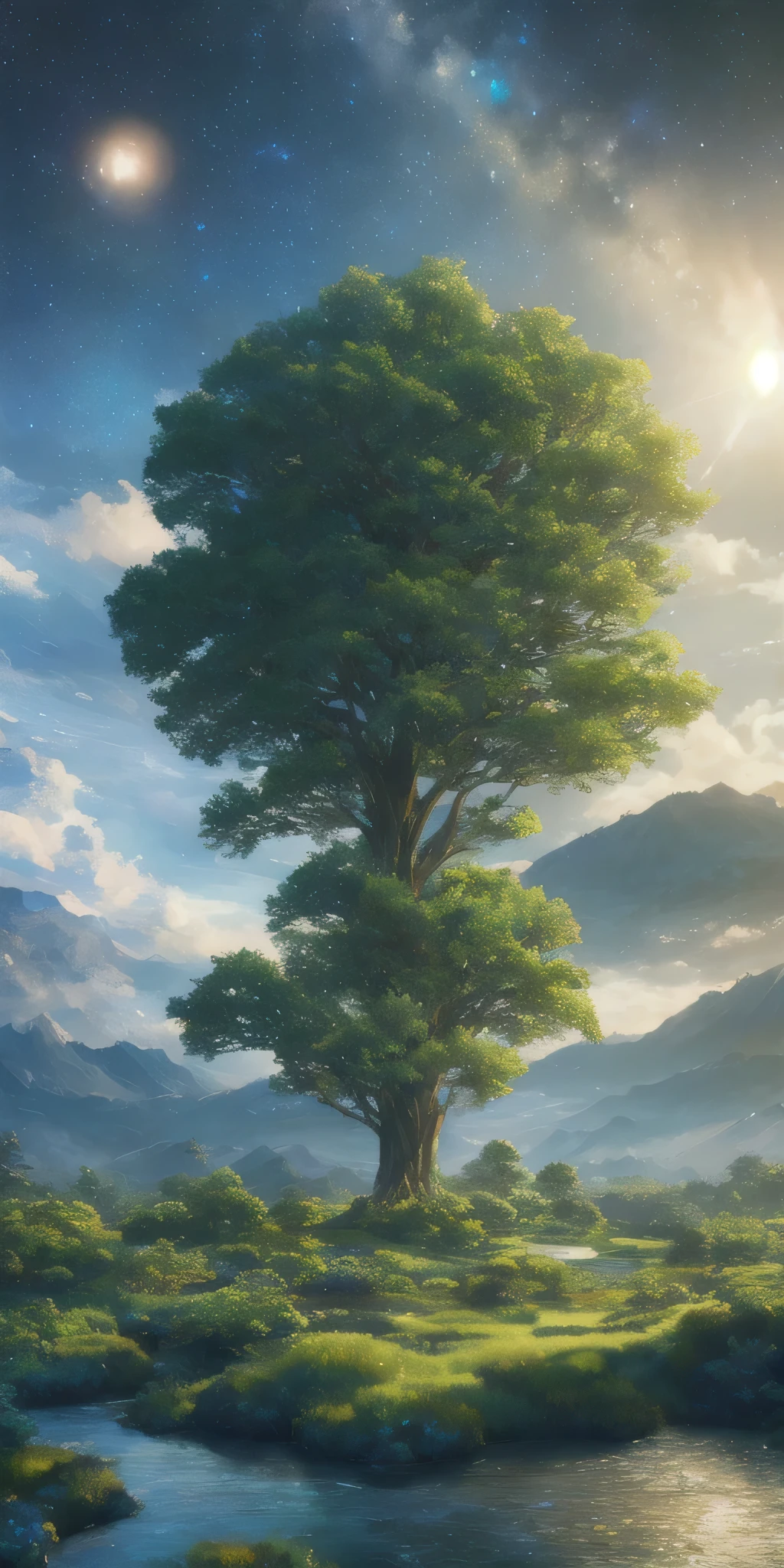 Illustration of a hyperrealistic , otherworldly, ultrasky scene featuring a giant crystal tree full body,very detailed and magical lighting, intricate forest details, vegetation and river around, solarpunk ,landscape, giant tree, beatifull leafy with beautiful lighting and realistic proportions, as if it were a cinematic background, 8k, highest quality, masterpiece, clouds and stars in the sky.