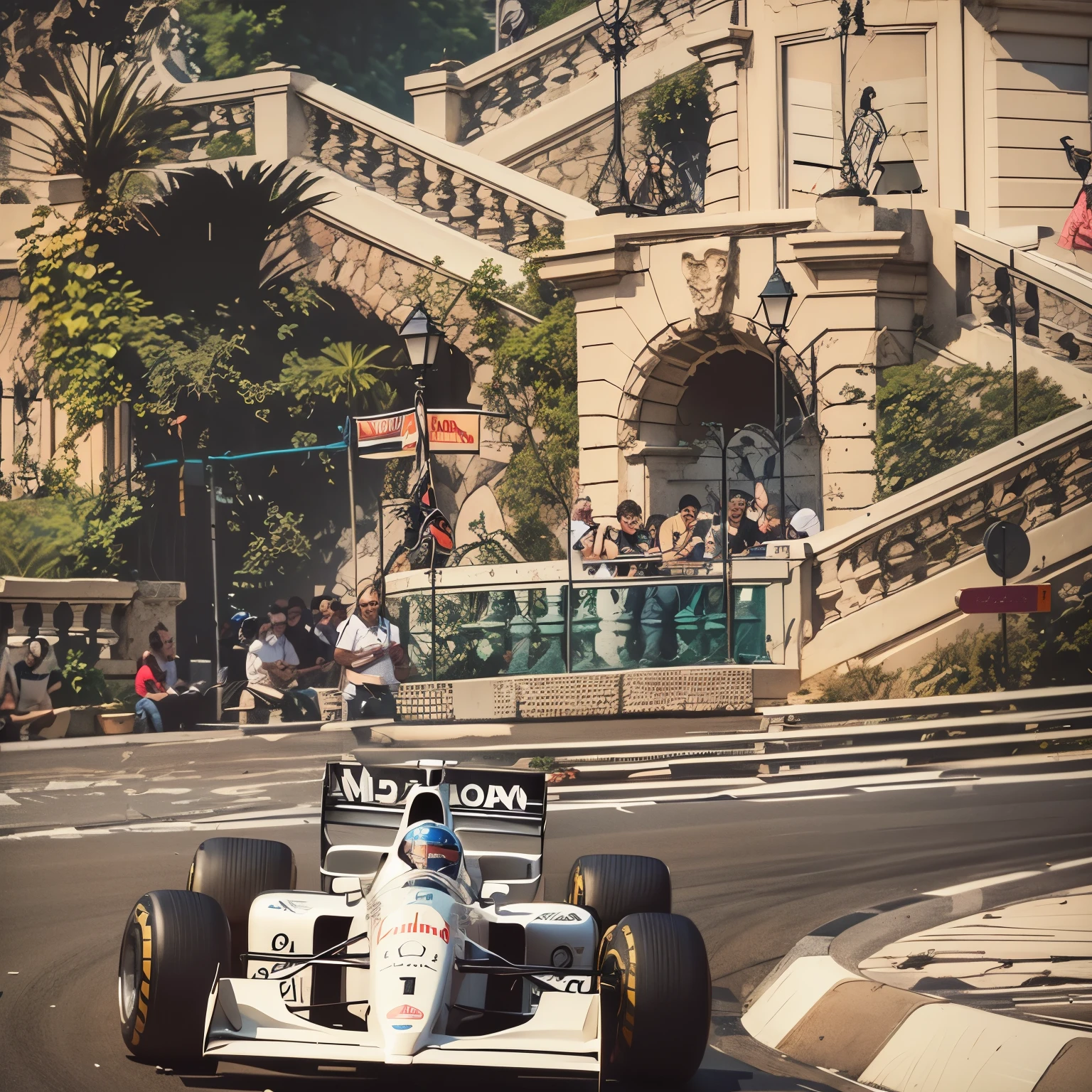 spiked racing car driving on a track with a crowd watching, f1, monaco, f1/3, f1/4, fotografia de desporto motorizado, Formula 1, foto 1998, f/1.3, f / 1. 3, f1.2, f1. 2, f1.2, f1. 3, imagem estilizada, pinceladas