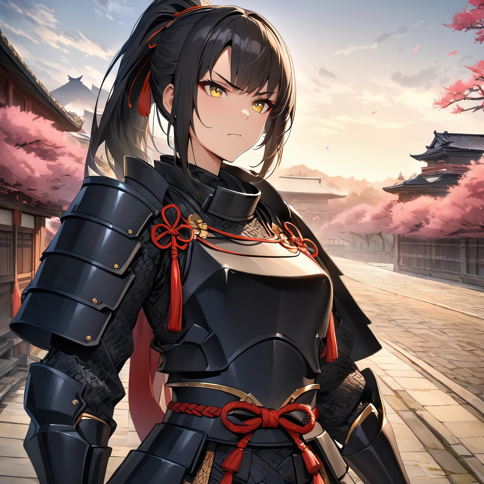 A woman wearing black heavy samurai armor with gold details, black hair, ponytail hair, yellow eyes, serious face, on an ancient Japanese road, Japanese palace in the background with sakura trees around, HDR, ultra resolution, very detailed, masterpiece, ultra quality, 4K HD. (solo, just one woman)