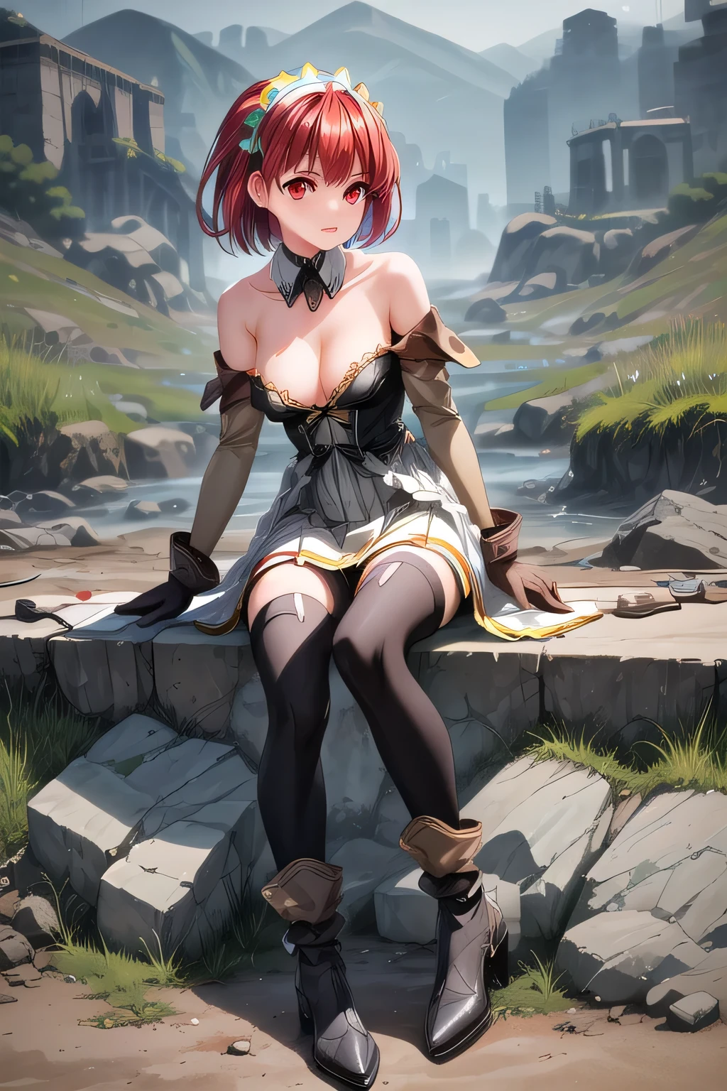 Cecily Campbell, 1girl, solo, red hair, red eyes, short hair, headdress, small breasts, serious, dress, skirt, collar, single shoulder pad, elbow gloves, black thighhighs, boots, greaves, outdoors, masterpiece , sitting, intricate eyes,beautiful detailed eyes,symmetrical eyes,big eyes:1.5,,(((vibrant colors,vibrant theme))),(intricate),(masterpiece),(best quality),
