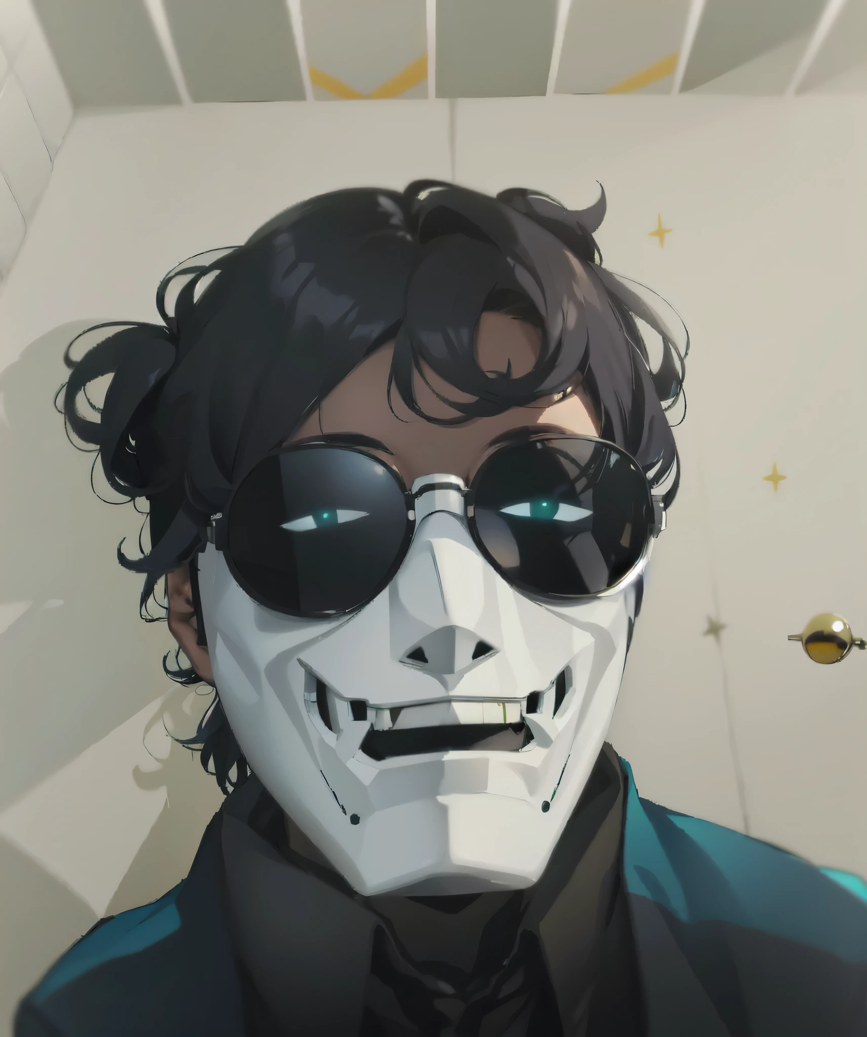sharp man wearing a white mask and sunglasses with a green shirt, cara legal, smiling mask, evil villain smile, wearing a bandit mask, robot ghost mask, domino mask, sorrindo sinistramente, marcador, rosto ossudo, sorriso assustador, sorriso assustador e maligno, wearing an all-black mempo mask, Sorriso assustador, cara assustadora, sorriso maligno, sala escura, smoke around