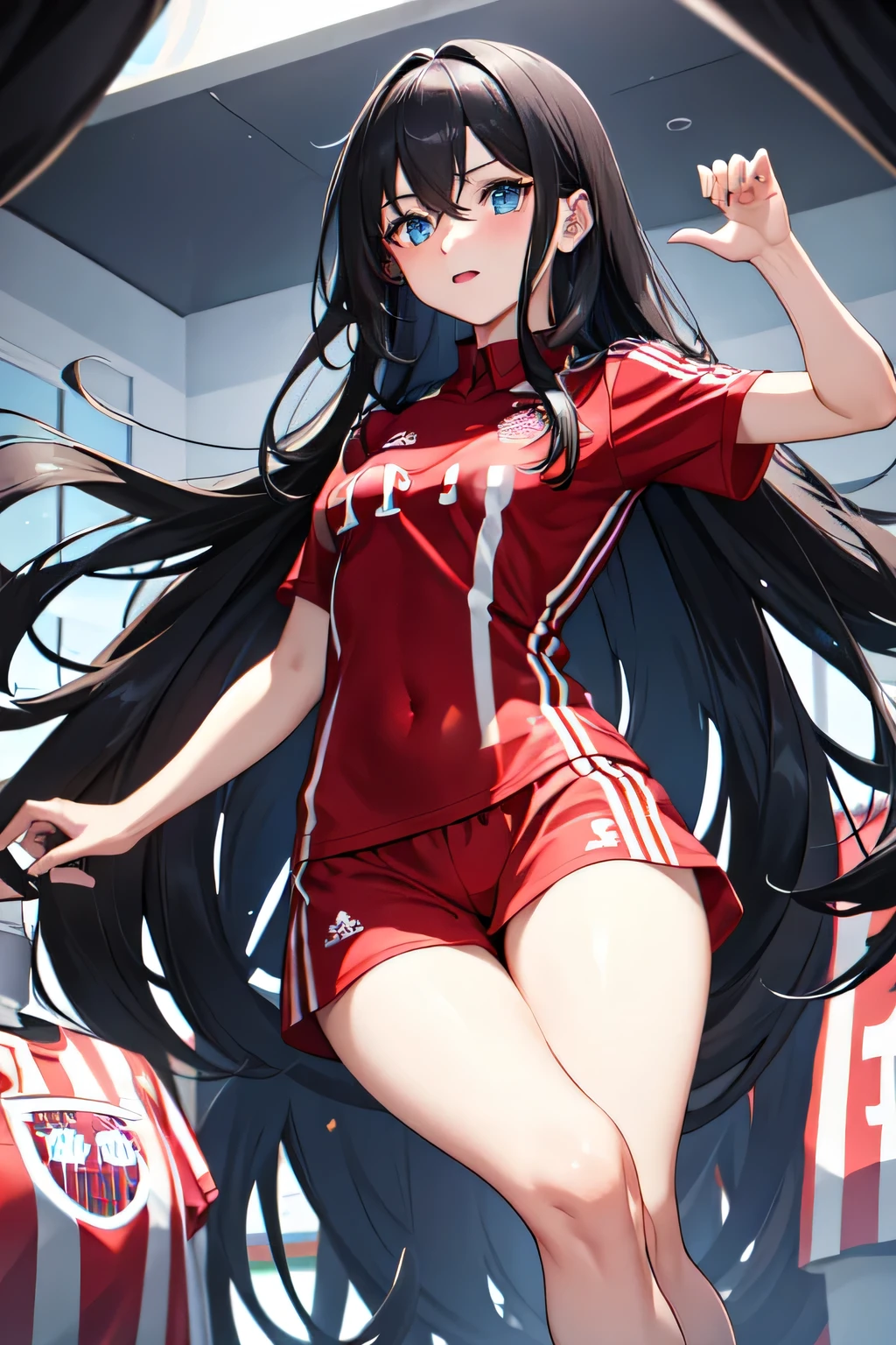 girl,Bayern Munchen football jersey,long hair,black hair,blue eyes