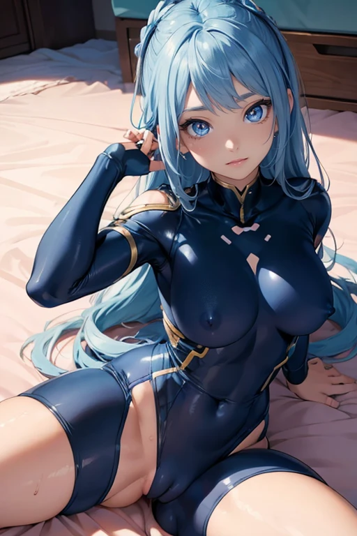 nejire hado, Anime girl with blue hair and hair accessories, ahegao, artwork in the style of guweiz, photorealistic anime girl render, photorealistic anime, Realistic Anime, anime. gentle lighting, soft full body shot 8 k, realistic anime artstyle, 3 d anime realistic, 8k artistic nose bokeh, anime realism style, kawaii realistic portrait, Beautiful anime portraits、((blue bodysuit with breasts and genitals exposed)), (((wear tight shirt raised above breasts))), Wear gothic style accessories......, completely nude, Lying on Your Back, head on the floor,ahegao face,Sweat,exhausted, weak,weak face (((spread legs: 1.8)),, ((completely nude)), ((breasts and areolas exposed)), (((vagina and clitoris and vulva exposed))), Correct limbs,Perfect limbs, Lie down on the floor.. Both arms above head
