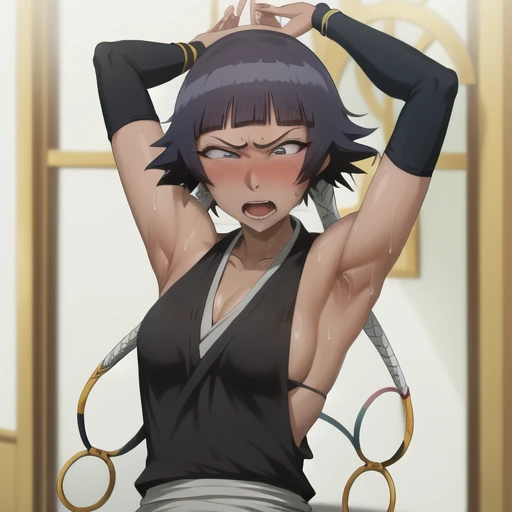 ( Anime screenshots:1.1),outdoor, 
1 girl, alone, black hair, side breasts,permanent, short hair with long locks, japanese clothing, Hip vents, short hair, small breasts, (white eyes:1.1),Look up, Also available in black, Not wearing, Gloves, low double braids,Facing the audience, looking at the audience, Tired from above, (Show armpits:1.3), Sexy, Sweat，(ahegao), (Roll your eyes), naughty face, blush, open mouth, Sticking out tongue, saliva, Slobber, Ah Hag ,skinny, raise arms, (arms above head:1.5)