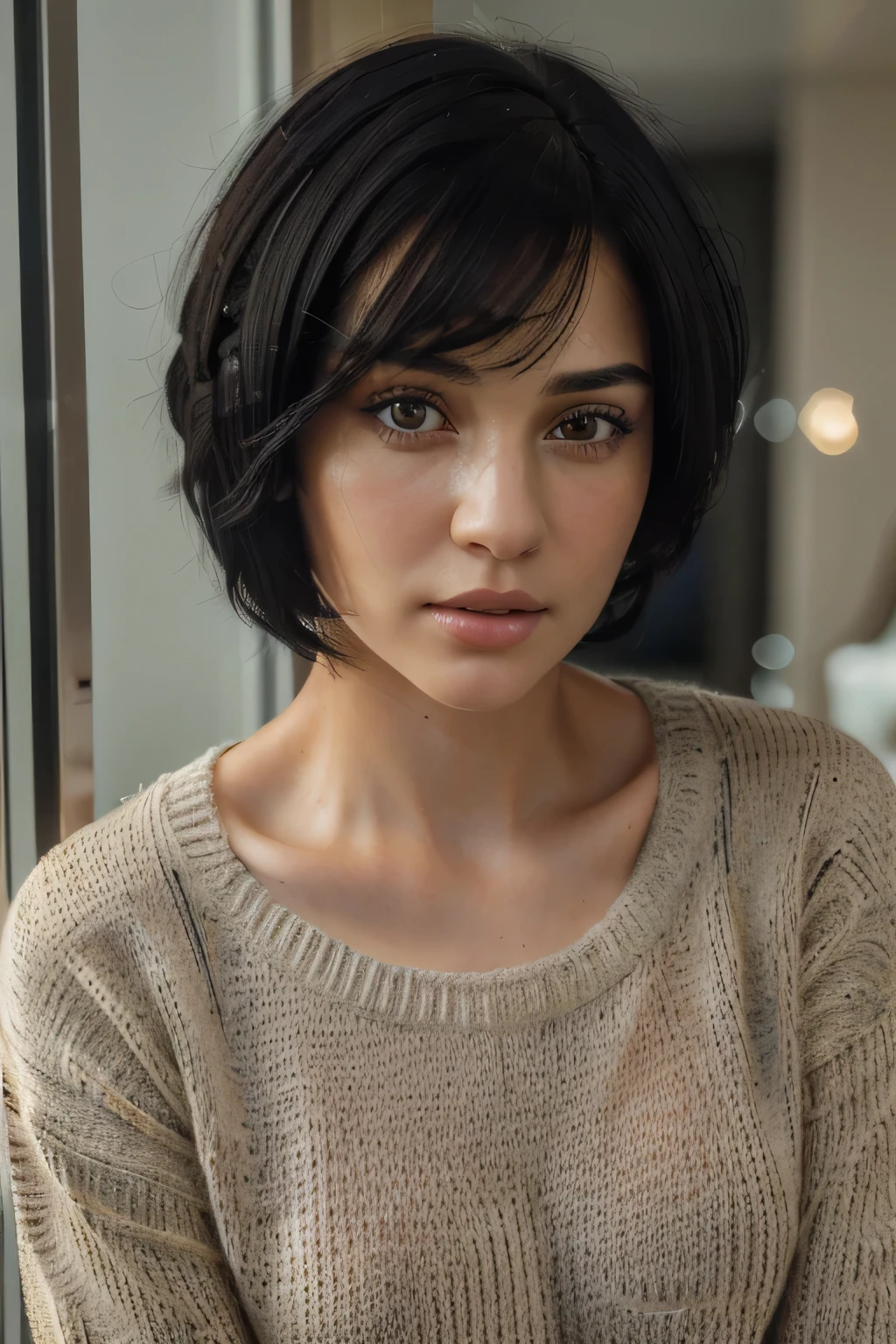 (masterpiece:1.3), (8k, photorealistic, RAW photo, best quality: 1.4), (1girl), beautiful face, (realistic face), (black hair, short hair:1.3), beautiful hairstyle, realistic eyes, beautiful detailed eyes, (realistic skin), beautiful skin, (sweater), absurdres, attractive, ultra high res, ultra realistic, highly detailed, golden ratio