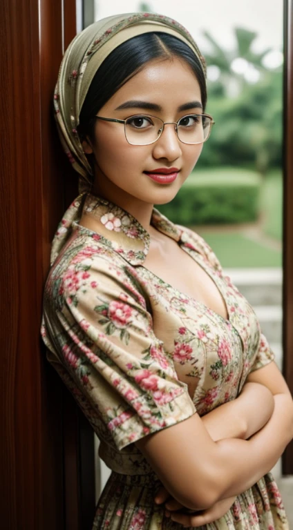 (iu:0.8),cleavage, RAW, Best quality, high resolution, Masterpiece: 1.3, Beautiful glasses hijabi javanese girl wearing floral minidress, Masterpiece, Soft smile