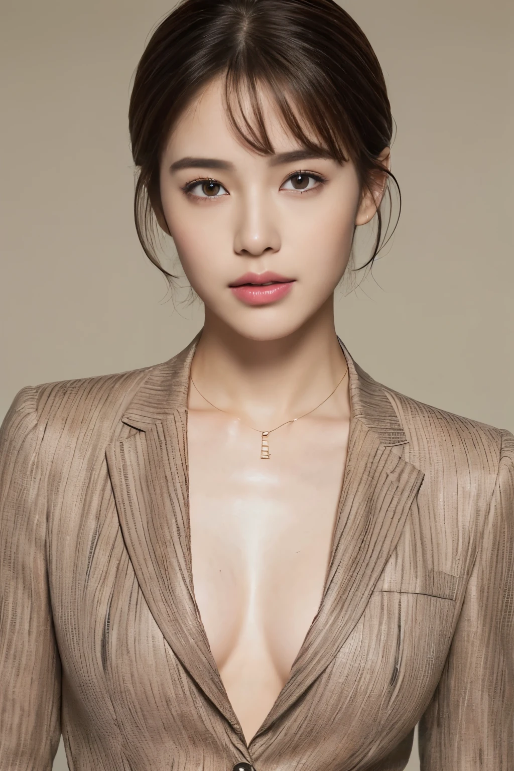 ((top-quality、8K、masterpiece: 1.erfect Body Beauty: 1.4、Slender Abs: 1.2、Beautiful woman with slender abs:1.3、(Highlight Haircutreast B Cup:1.2), medium breast, round shape breast, perfect shape breast, ((horse riding suit)) ), necklace, hyperdetailed face、18year old、 Pretty women、(Dark brown short-cut hair), Slim Face、Highly detailed facial and skin texture、very detailed lips、opens legs、top-quality、masterpiece、超A high resolution、(Photorealsitic:1.4), walked forward confidently, long shot , solid color background