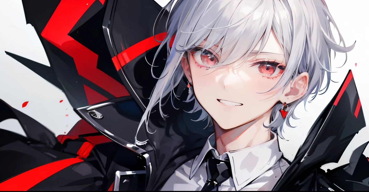 High resolution, 2D anime style,,cool men,short hair,tall,silver hair,beautiful earrings,red eyes,Dark Fashion,He is laughing alone,