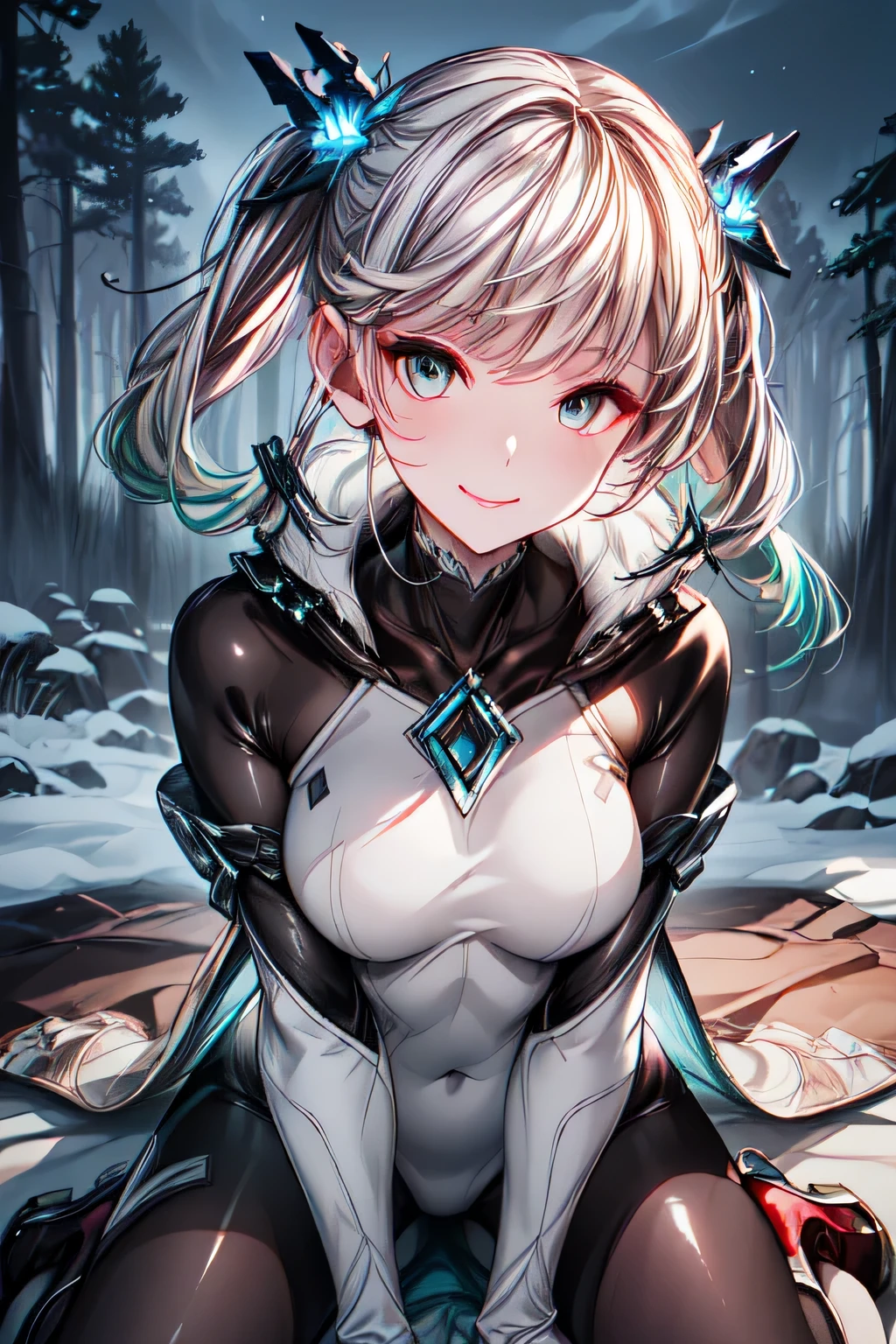ioeuclase, hair ornament, wariza,grass,sky,smile, wariza,grass,sky,smile, intricate eyes,beautiful detailed eyes,symmetrical eyes,big eyes:1.5, cowboy shot, seductive eyes, sitting, ,intricate eyes,beautiful detailed eyes,symmetrical eyes,big eyes:1.5,(((lustrous skin:1.5,bright skin: 1.5,skin tanned,shiny skin,very shiny skin,shiny body,plastic glitter skin,exaggerated shiny skin,illuminated skin))),(detailed body,(detailed face)), cute, erotic,daring, (((medieval armor,adventurer man armor,winter coat))),(((intricate outfit,intricate clothes, embroidered outfit,ornate outfit,embroidered clothes,ornate armor))), (dynamic pose:1.0),(centered,scale to fit dimensions,Rule of thirds), ((snowy pine forest at night)), with dark stormy clouds,winter,scenery:1.25,((snow forest background)),Christmas tree, highres,sharp focus,(ultra detailed,extremely detailed),(photorealistic artwork:1.37),(extremely detailed CG unity 8k wallpaper),(((vibrant colors,vibrant theme))),(intricate),(masterpiece),(best quality), , skinsuit, bodysuit,