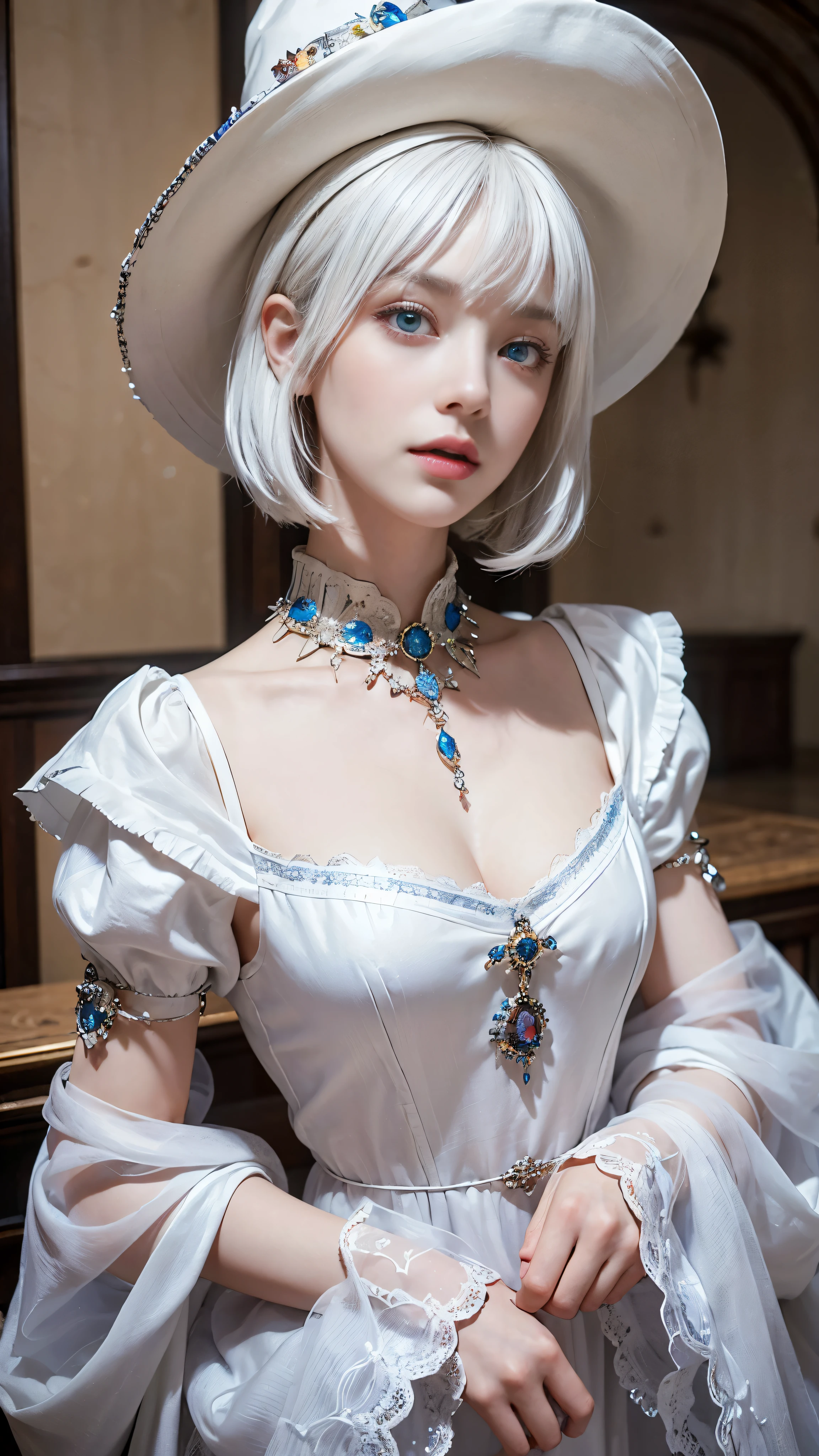 (masterpiece), (work of art), (amazing work), (detailed eyes), (delicate skin), (heterochromatic eyes), (multicolored), (short white hair with bangs), (sparkling eyes), (1girl) with witch's hat, ancient, old, wearing extravagant medieval clothes, masterpiece, best quality, best desinger, best illustration