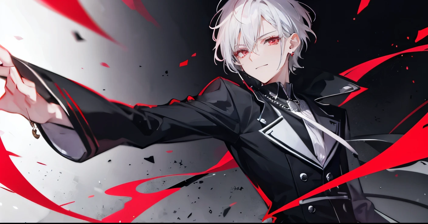 High resolution, 2D anime style,,cool men,short hair,tall,silver hair,beautiful earrings,red eyes,Dark Fashion,He is laughing alone,