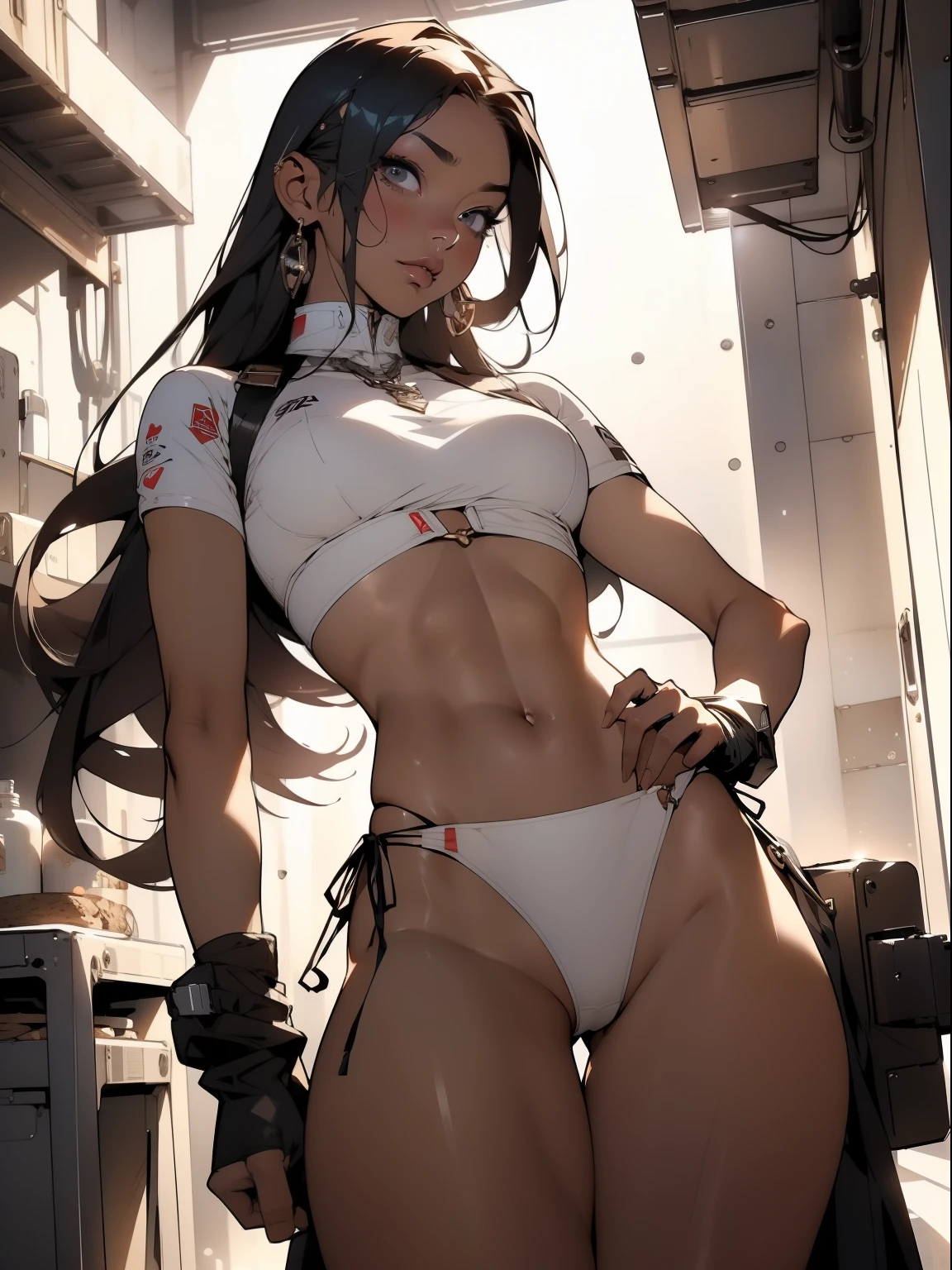 Sexy brown skin Azur Lane waifu，Giant big breasts，Curves are super thick，sixpack abs，Tied to a torture chair，Torture machine，chain，Trapped，in basement，Hostaged，nipple torture，electric chair，Sadness and crying，dreads，urinating on herself，，Tight(White transparent ultra-small cloth bikini，see-through thong，Open the thong vaginal run，Leucorrhoea， The blown tide revealed her breasts，camel-toe，diamond jewelly，Harajuku girl makeup， Sexy breast indentation， evoke， sfv， one-girl， solo， Perfect body， s the perfect face， perfect hand， Perfect Finger， Perfect lips， perfect  eyes， Perfect background， perfect atmosphere， Professional quality， 8K， Perfect photography， Highest high resolution， 8K， Ray traching， perfect volumetric lighting， High-quality octane rendering， high quality vector， ultra - detailed， SAW movie scenes， Torture chamber， Clear skin， minimalistbackground， Perfect skin， no abberations