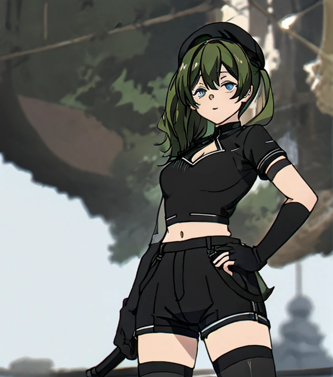 ubel,dark green hair,long hair,side ponytail,hair between eyes,bangs, BREAK (beret, black jacket, open clothes, cleavage, midriff, black shorts, black thighhighs, thigh strap, fingerless gloves, single glove:1.2) BREAK blurry background, BREAK pose, hand on hip, BREAK (masterpiece:1.2), best quality, high resolution, unity 8k wallpaper, (illustration:0.8), (beautiful detailed eyes:1.6), extremely detailed face, perfect lighting, extremely detailed CG, (perfect hands, perfect anatomy),