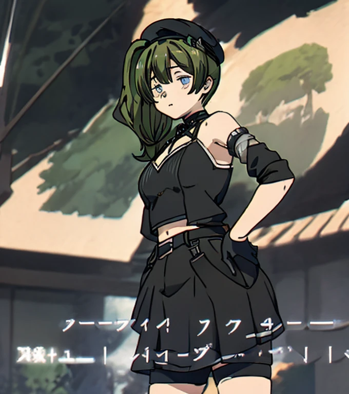 ubel,dark green hair,long hair,side ponytail,hair between eyes,bangs, BREAK (beret, black jacket, open clothes, cleavage, midriff, black shorts, black thighhighs, thigh strap, fingerless gloves, single glove:1.2) BREAK blurry background, BREAK pose, hand on hip, BREAK (masterpiece:1.2), best quality, high resolution, unity 8k wallpaper, (illustration:0.8), (beautiful detailed eyes:1.6), extremely detailed face, perfect lighting, extremely detailed CG, (perfect hands, perfect anatomy),