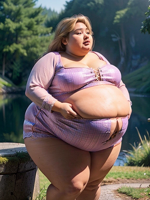 (1girl), beautiful pregnant supermodel Rapunzel, pink dress, long blond hair, extremely obese, (obese belly):1.8, (obese legs):1.5, massive SSBBW body, massive pregnant hyperbelly, soft massive obese pregnant belly, cute chubby feminine face, sensual pose, soft obese thighs, soft obese legs, soft obese breasts, soft obese arms, soft chubby hands, soft chubby feet, enchanted lake scene