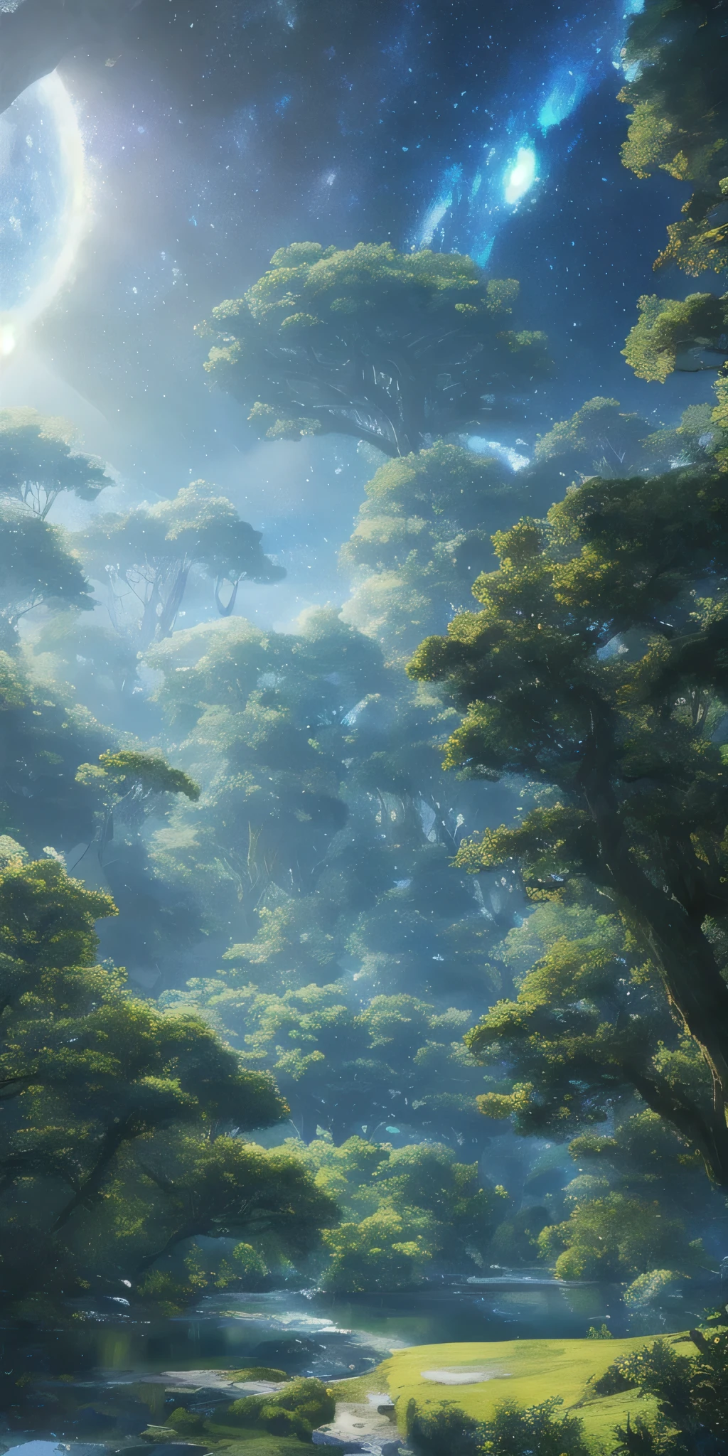 Illustration of a hyperrealistic , otherworldly, ultrasky scene featuring a giant crystal tree full body,very detailed and magical lighting, intricate forest details, vegetation and river around, solarpunk ,landscape, giant tree, beatifull leafy with beautiful lighting and realistic proportions, as if it were a cinematic background, 8k, highest quality, masterpiece, clouds and stars in the sky.