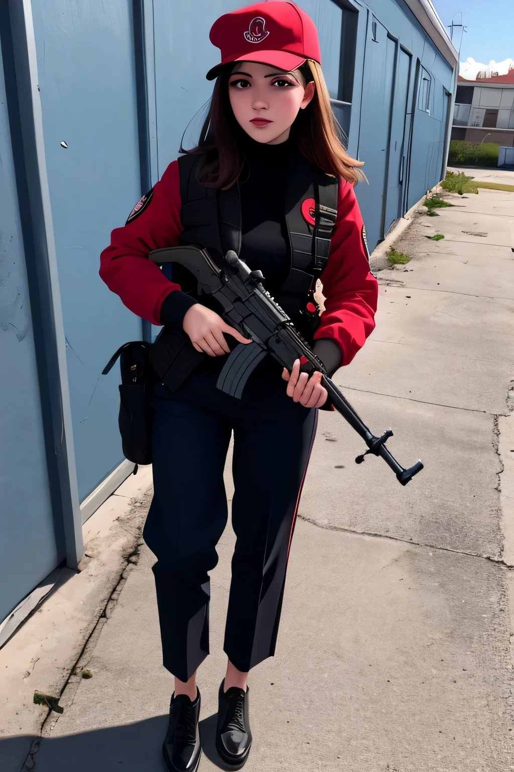 Una chica serio pecho grande cabello negro brillante largo liso se viste traje de banda rojo escolar y su pantalon rojo puesto sombrero redondo y lleva cargando un ak-47 en escuela disparar a gente