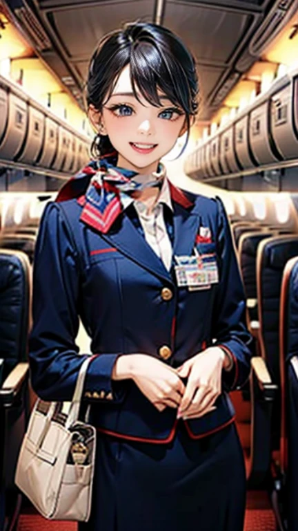 A breathtaking masterpiece、Filmed in stunning 8K resolution、This portrait is exquisitely painted..、that'genuine.。The scene is bathed in HDR light....、that depicts a beautiful woman in the middle distance.、(black hair)、medium breasts、((flight attendant、uniform、scarf、have、name tag、smile、make、hairstyle、uniformのボタン、uniformのジャケット、Pants or skirt、uniformのベスト、berry shoes、gloves、Airplane emblem、earphone、uniformのパッチ、uniformのエプロン))、In a perfect contrapposto pose、Her hands were placed gently on her head、Smiling kindly at the audience。She exudes an aura of grace and charm....。