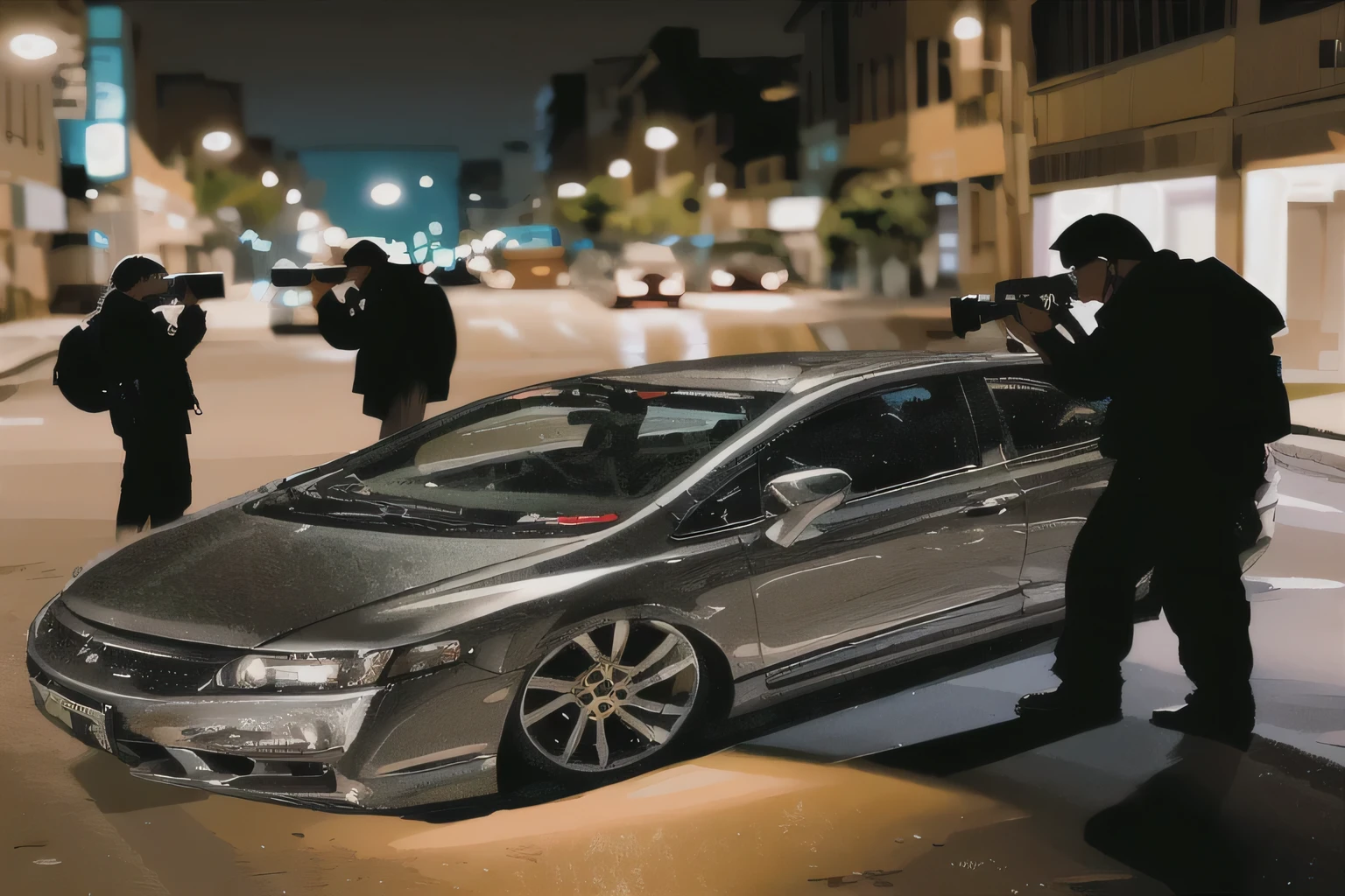 carro arafado estacionado na beira da estrada com um homem tirando uma foto, fotografia de carro, rua de fotografia hd, automatic photography, tiro de carro, foto de paparazzi, fotografia automotiva, vehicle photography, foto de paparazzi, fotografia comercial de carro, foto focada, foto de paparazzigraph, photography at night, flash photography at night, photo with strong flash at night, tiro focado, fotografia de cena de crime