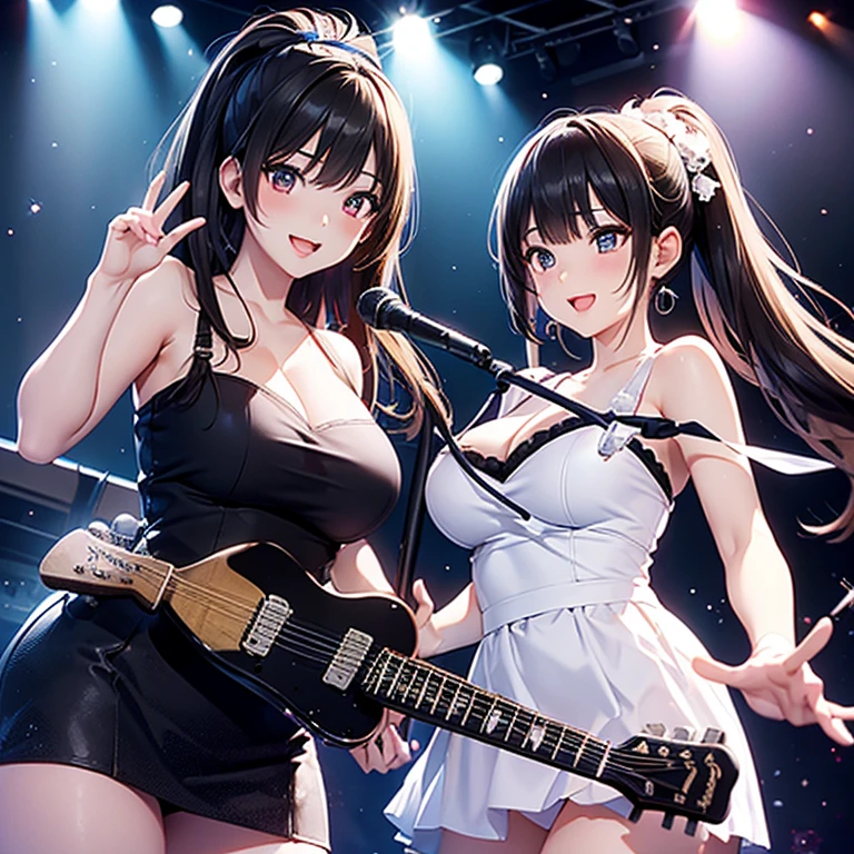 highest quality, High resolution, (realistic:1.2), (2 girls, Japanese beautiful girl), Smile, big slit eyes, (big double eyelids:1.5), high definition eyes, plump cheeks, (hair up:1.1), big earrings, show your shoulders, cleavage, (have a microphone, Playing a black electric guitar:1.3), Les Paul Custom, bright lighting, concert hall, On the big stage, orchestra, classical music,