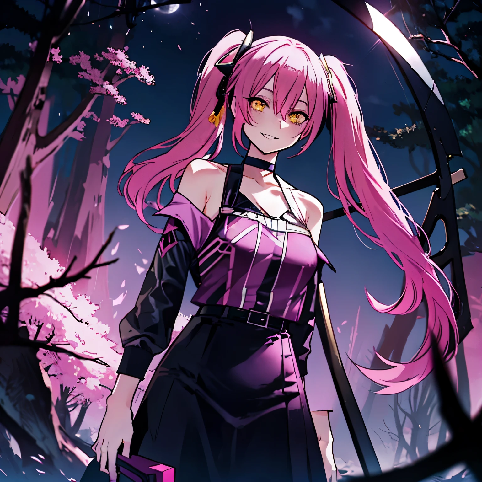 1 girl twintails hair, long hair, pink hair, yellow eyes anime, medium breasts, medium ass, Hairpins, Choker, big smile, happy face, Standin, Holding a black scythe, eyes shining, wearing a black dress with purple details, purple details shining , ultra detailed, 8K wallpaper, At night, forest, many trees in the background, blurred trees, leaves,