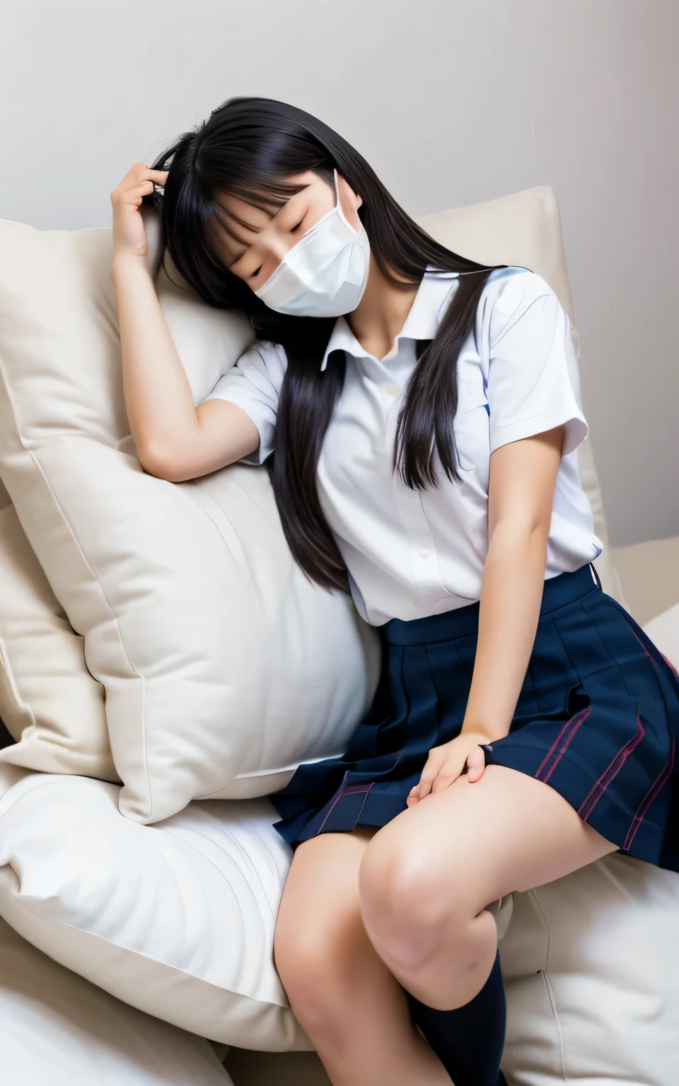 (masterpiece:1.2), japanese, (18 years old), ((closed eyes)), (((opened mouth))), (((a girl is straddling on a small pillow))), on a bed, (((school uniform))), (mouth mask), thighs,