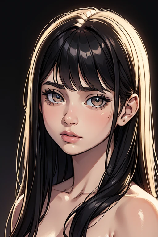 Realistic Photos, lip gloss, drawing, Realistic, Best Quality, Super High Resolution, depth, Pastel color, Natural Shading, focus on face, looking at the scenes, 1girl, 14 years old, topless, long hair, Black hair, detailed eyes, Amber eyes, pale white skin, detailed wallpaper, looking into the camera, dark background, calm face