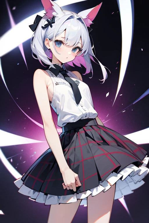 bare shoulders、checked skirt、3×3